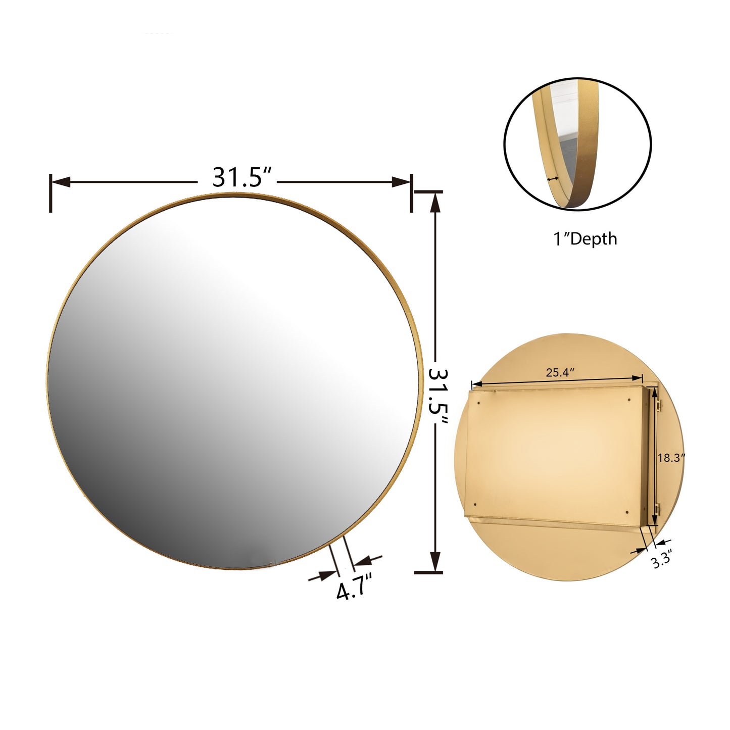 inch round gold metal framed mirror with  depth and mounting bracket details