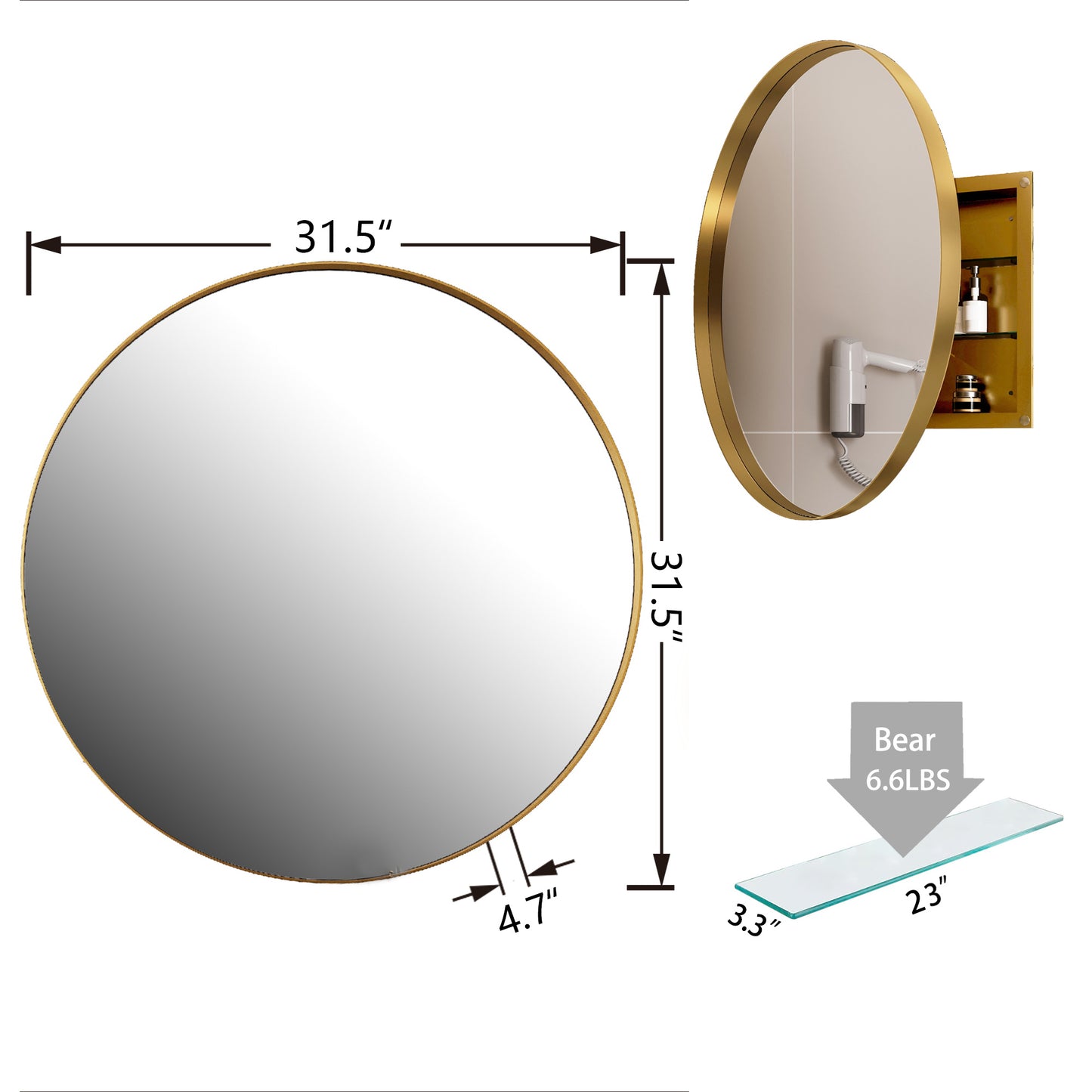 Large round gold framed bathroom mirror with integrated shelving and hairdryer holder