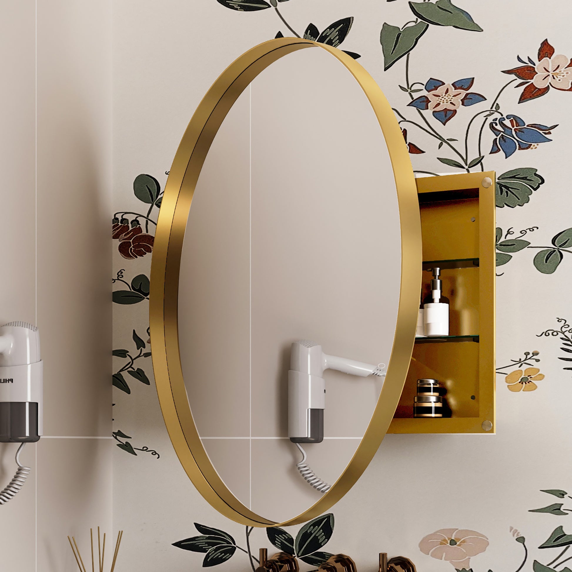 Gold oval mirror with floral wallpaper and a bathroom hairdryer