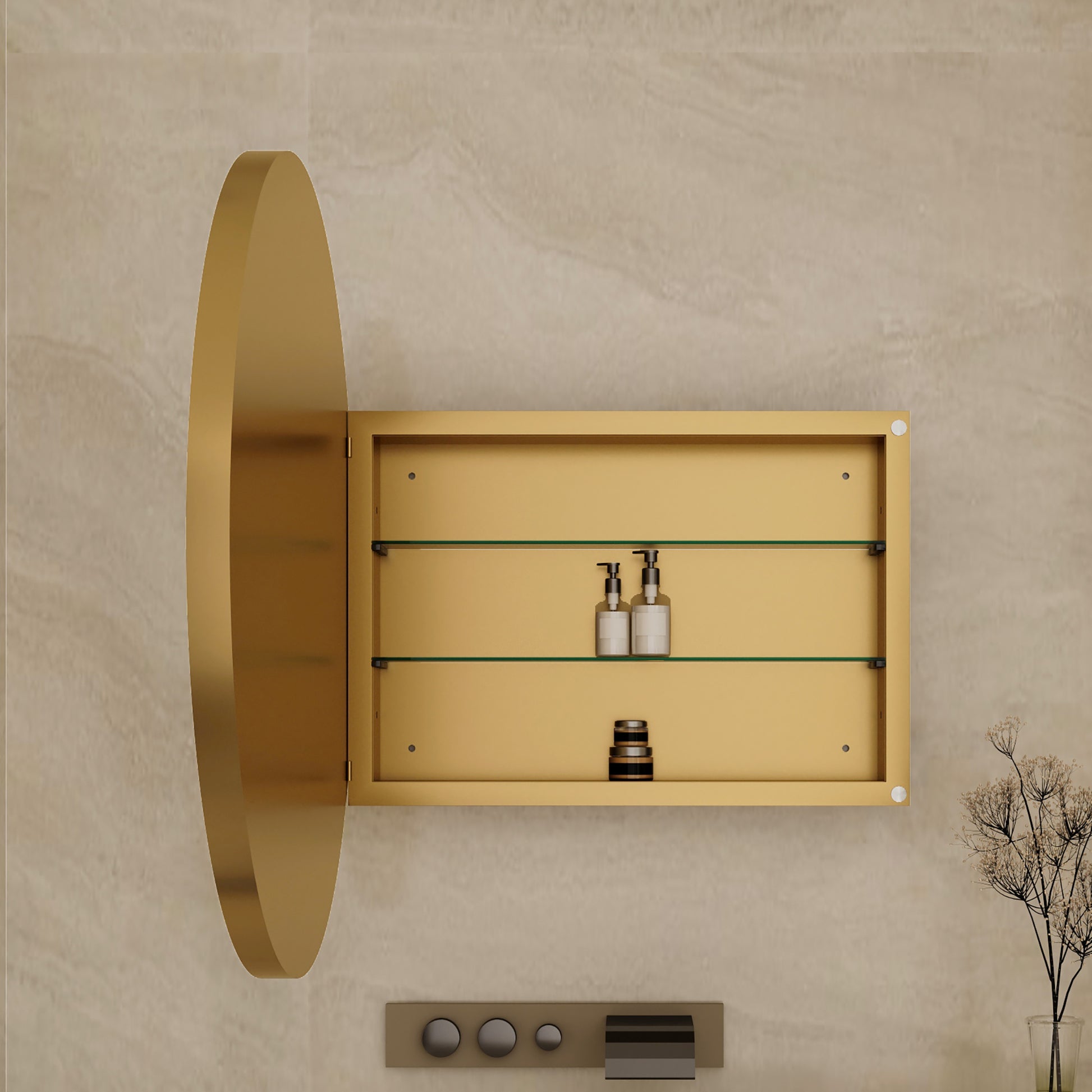 Modern brass medicine cabinet with mirrored door and glass shelves for bathroom storage