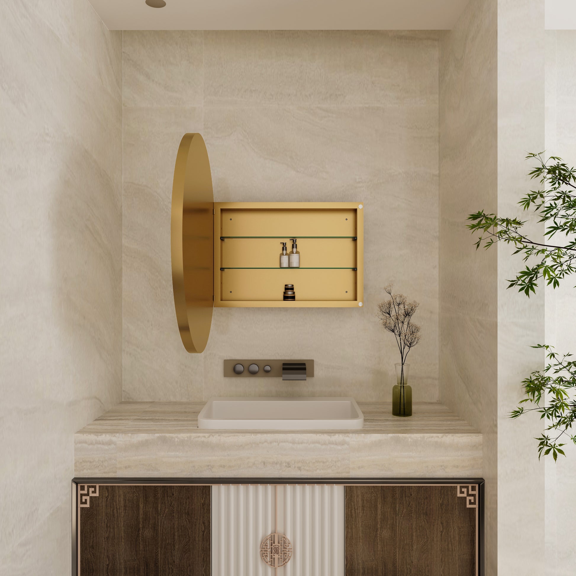 Modern vanity with gold medicine cabinet and integrated sink ideal for a minimalist bathroom