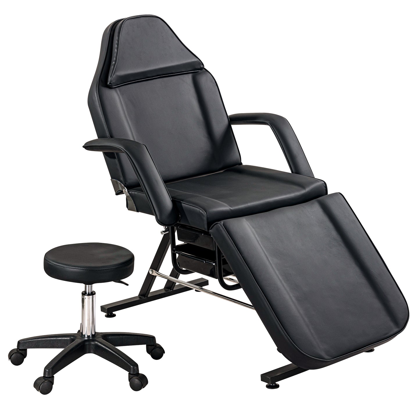 Adjustable black massage table with rolling stool for spa treatments