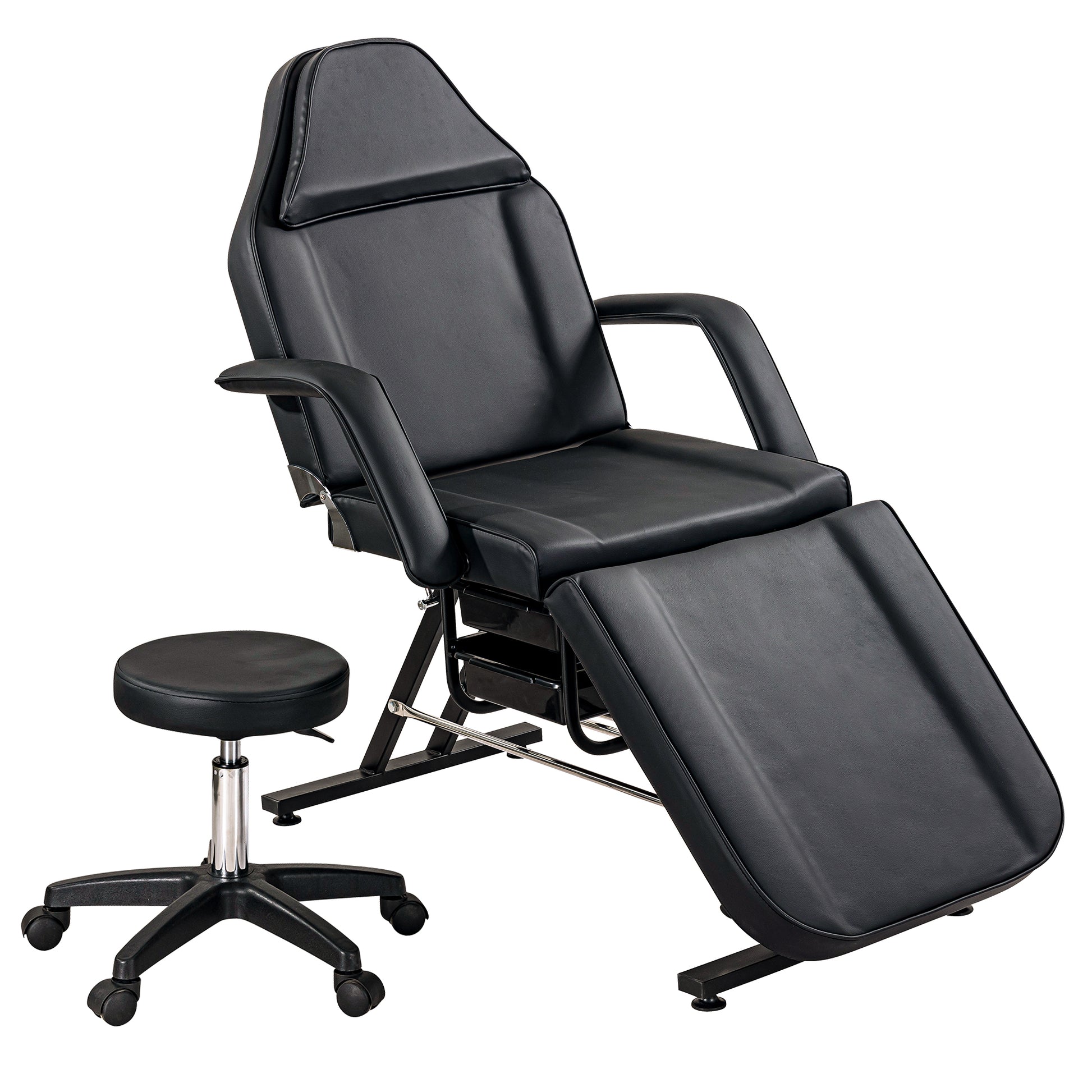 Adjustable black massage table with rolling stool for spa treatments