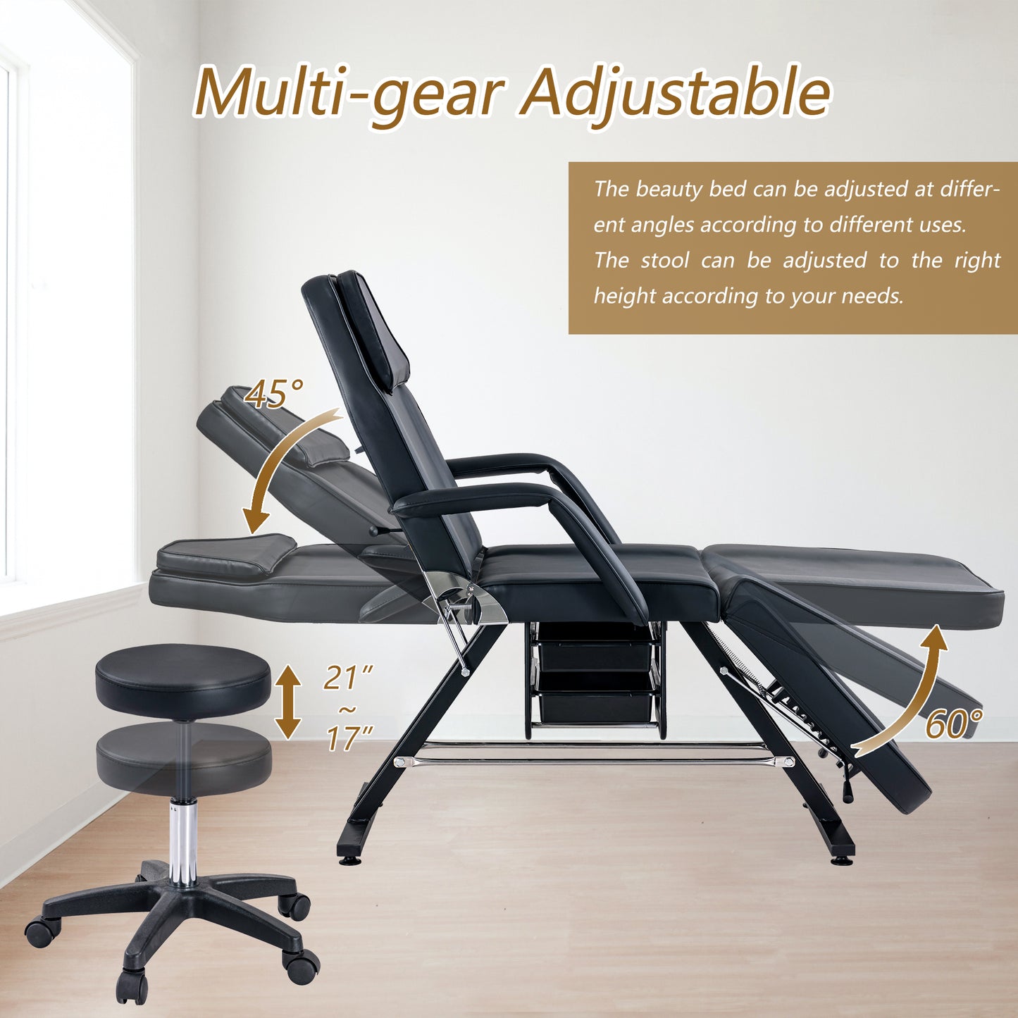 Adjustable black beauty bed shown in a reclined position with a rolling stool