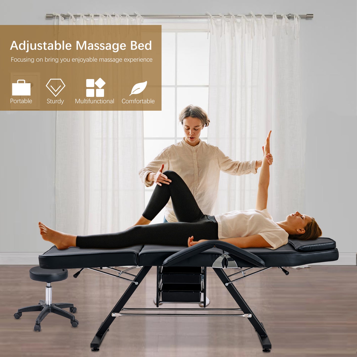 Black adjustable massage bed with face cradle in use with therapist and client