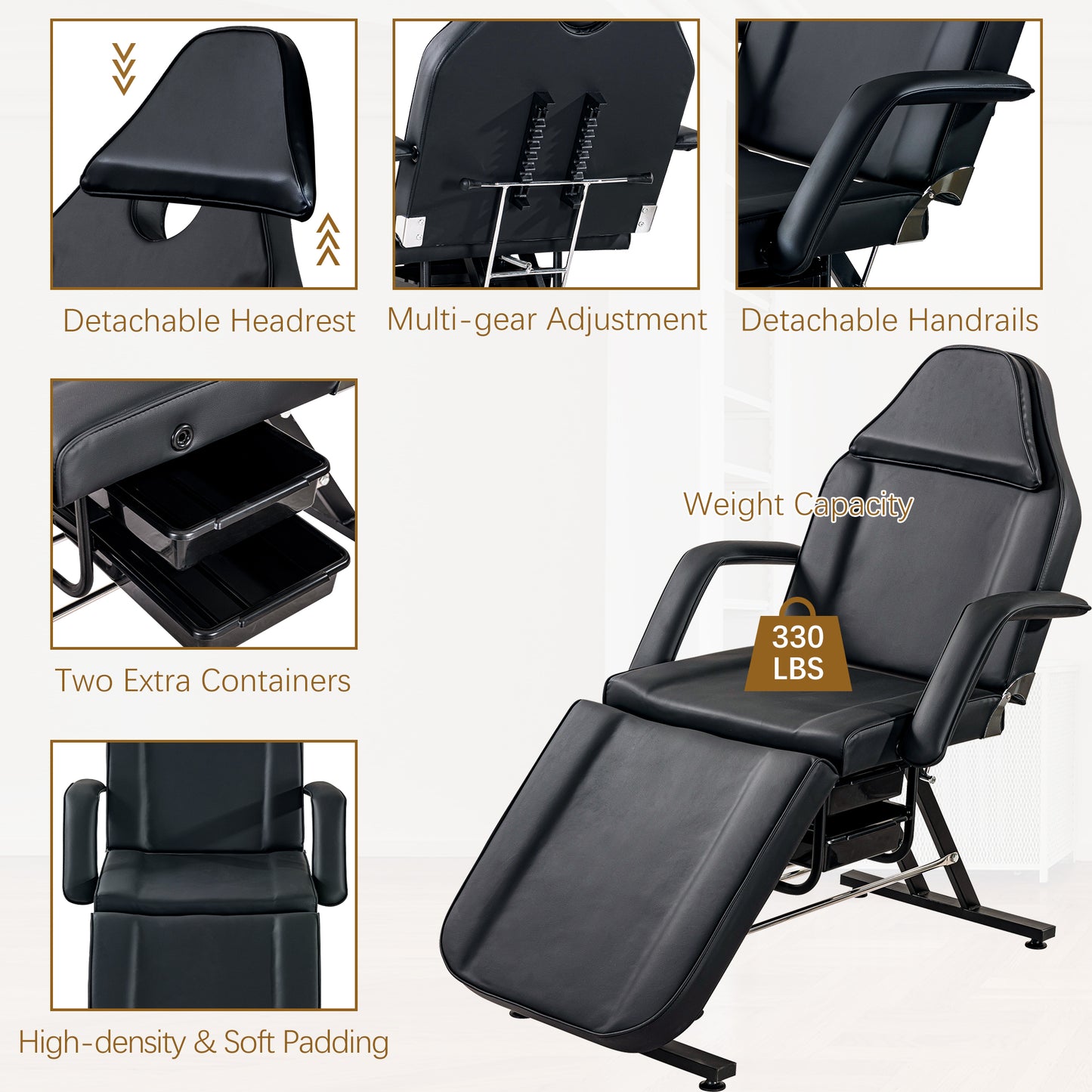 Black massage table with detachable headrest and multigear adjustment