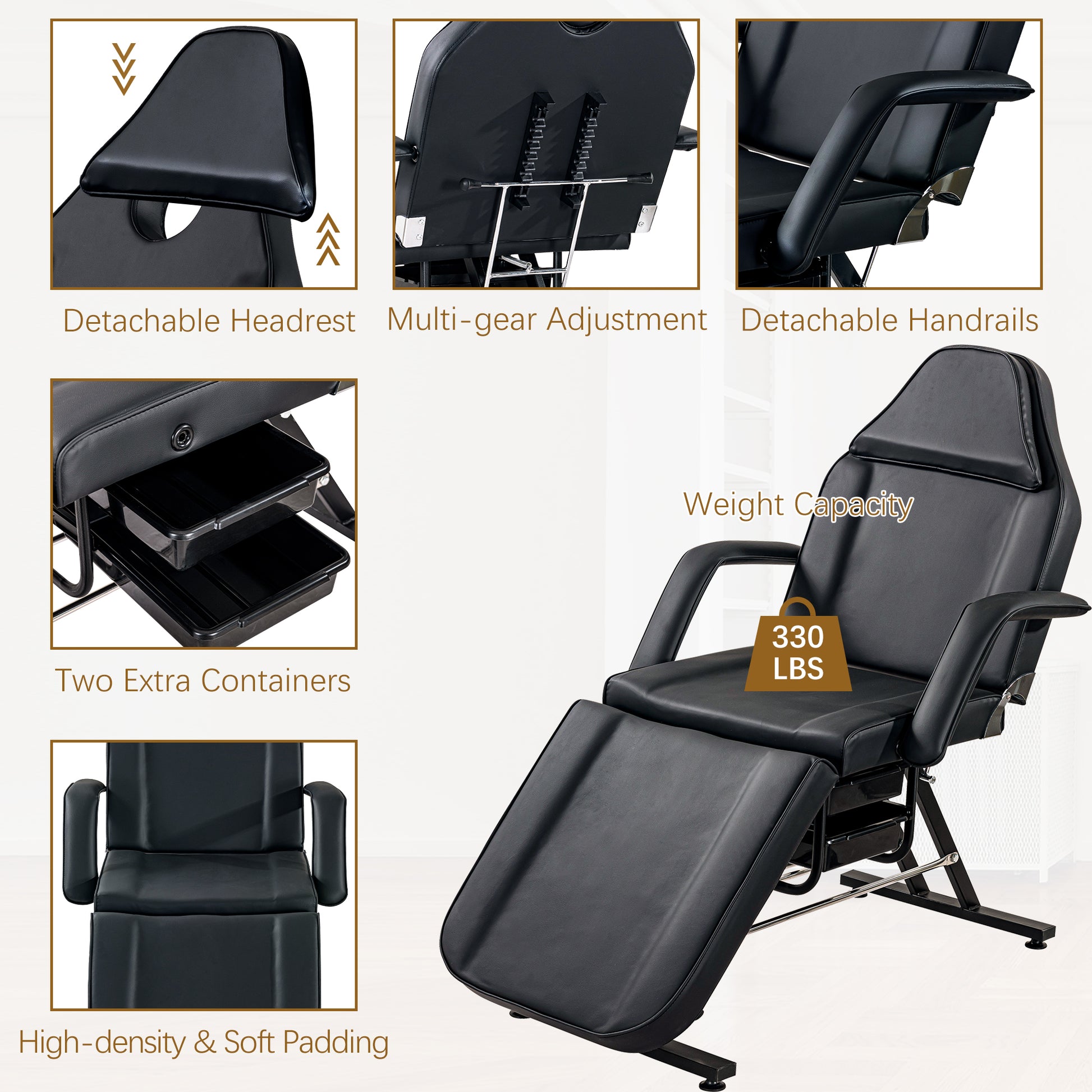 Black massage table with detachable headrest and multigear adjustment