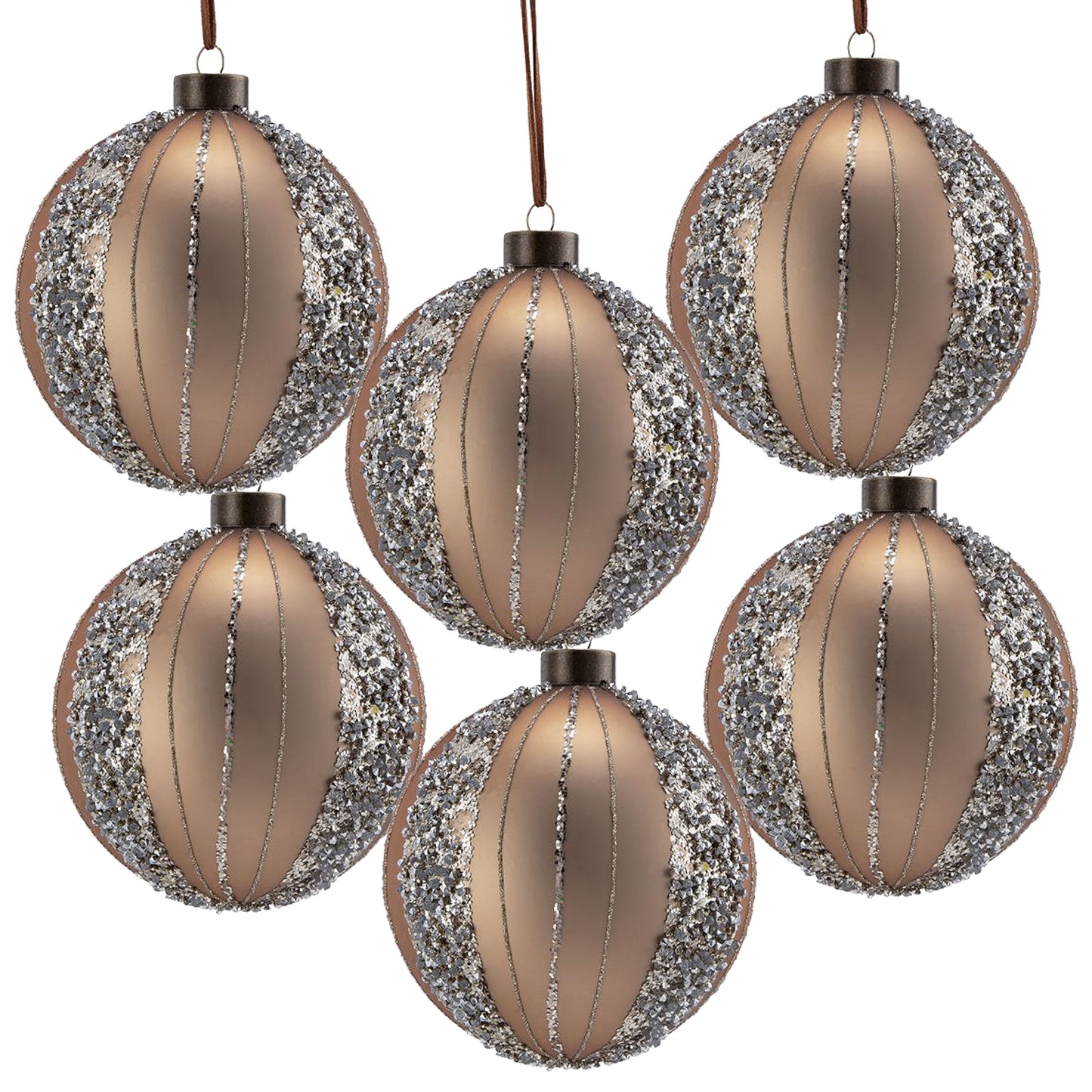 Champagne glass Christmas ornaments with glitter accents and vertical ribbed design
