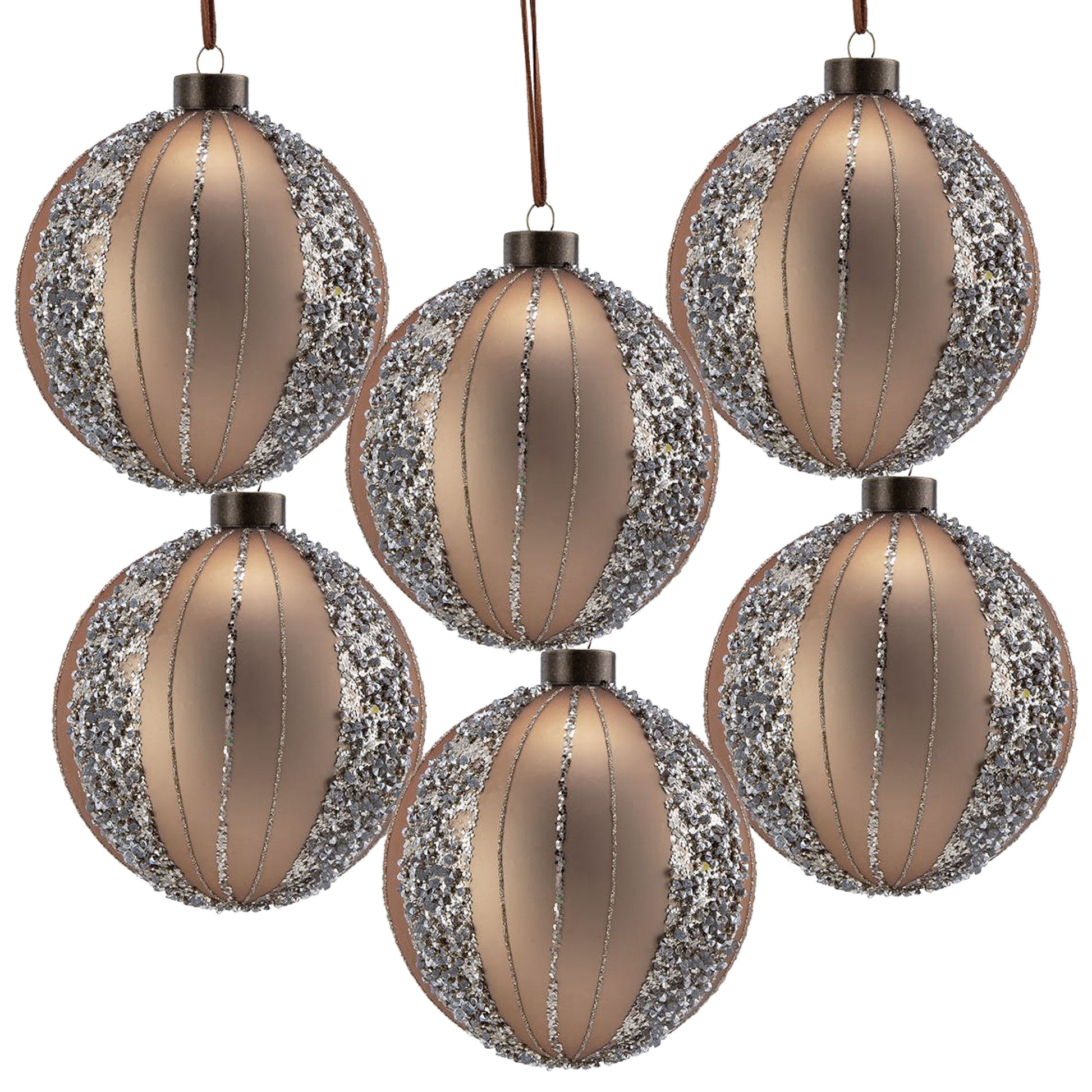 Champagne glass Christmas ornaments with glitter accents and vertical ribbed design