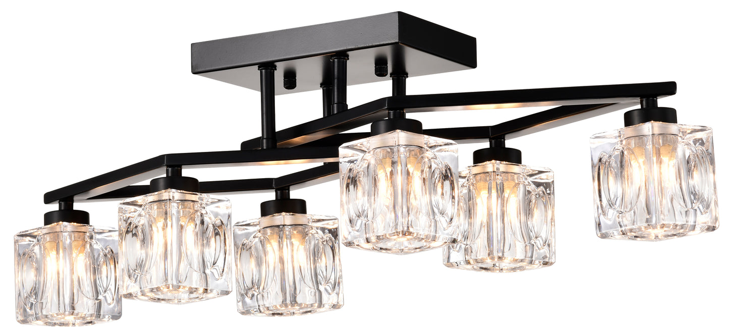 Modern black flush mount ceiling light with six clear glass shades and geometric design