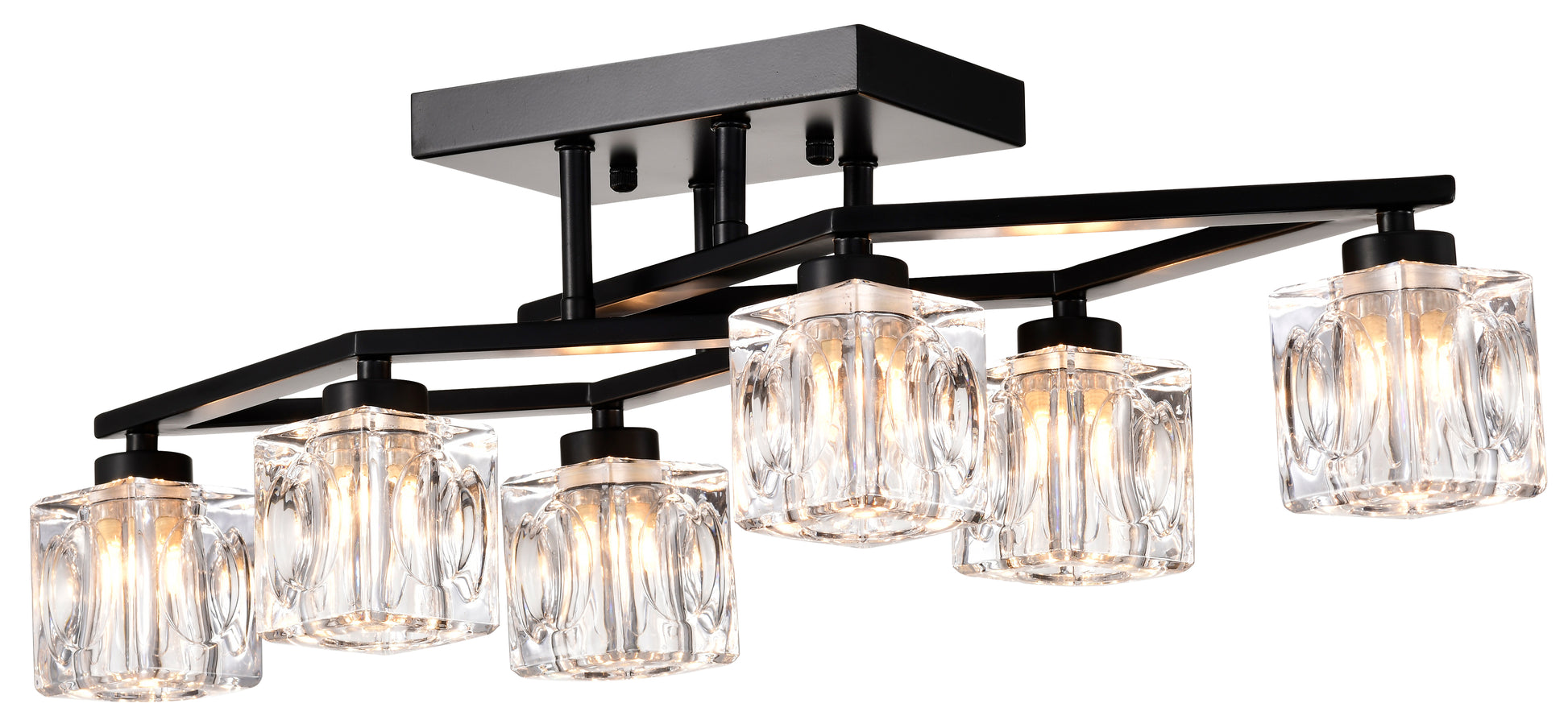 Modern black flush mount ceiling light with six clear glass shades and geometric design