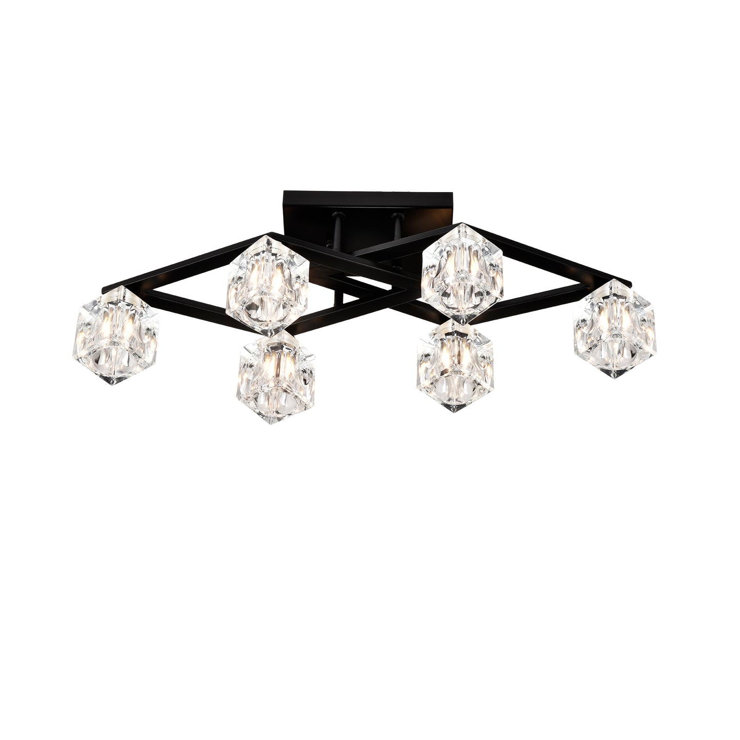 Black modern ceiling light with six geometric crystal glass shades and a geometric metal frame