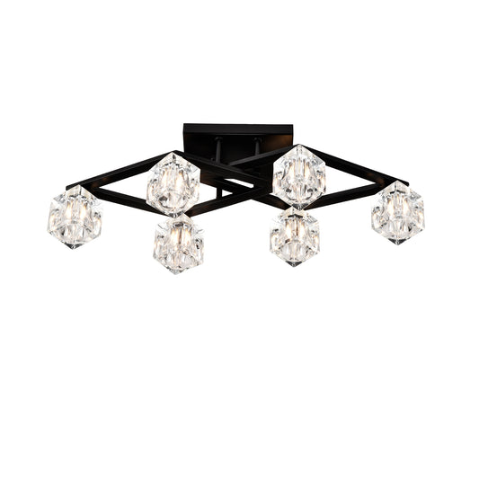 Black modern ceiling light with six geometric crystal glass shades and a geometric metal frame