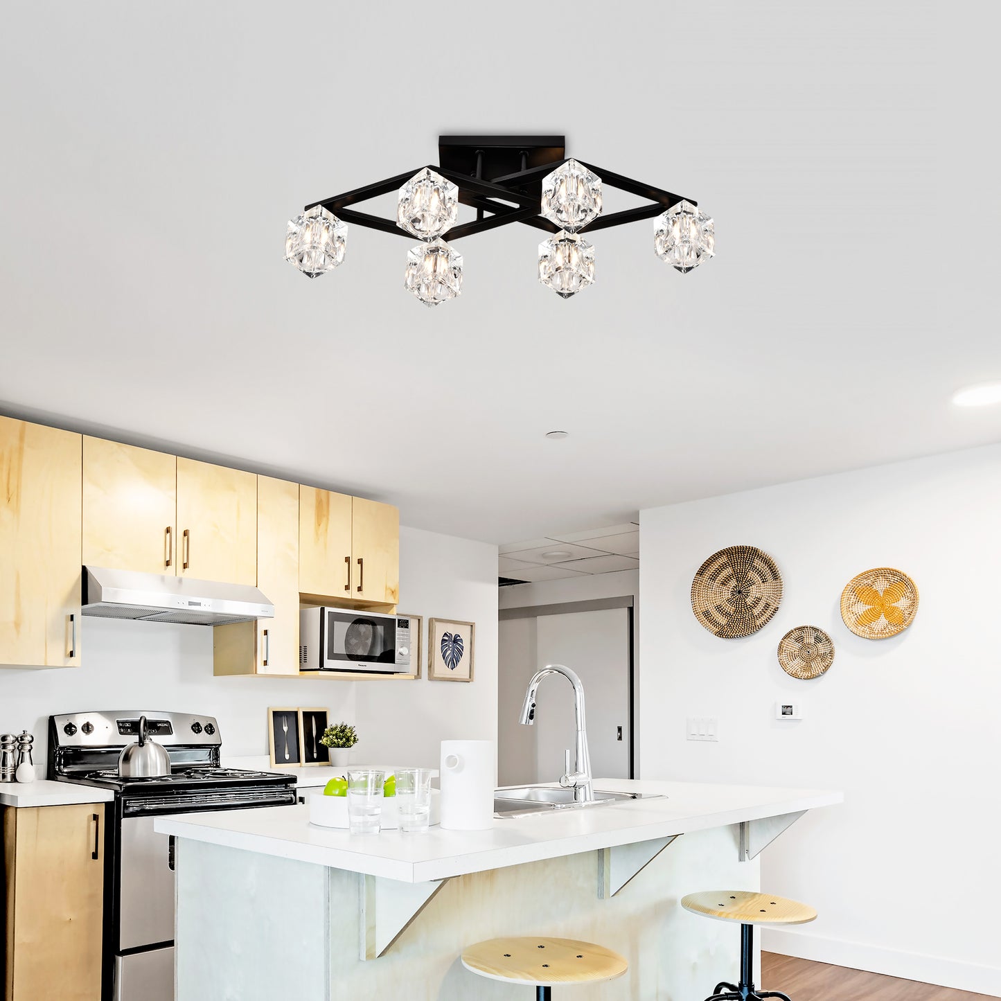 Black modern flush mount ceiling light with crystal glass shades