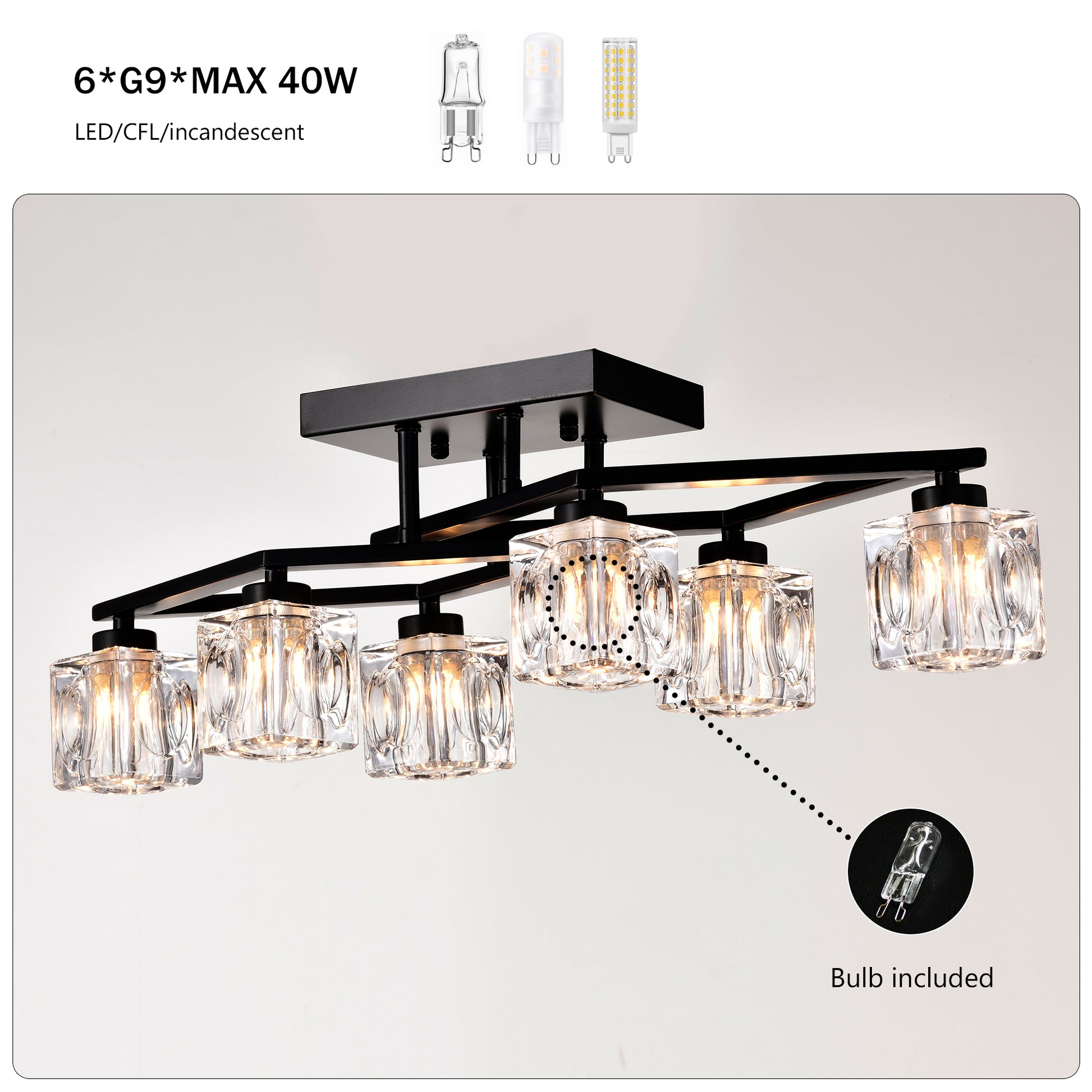 Black flush mount ceiling light with six clear glass shades