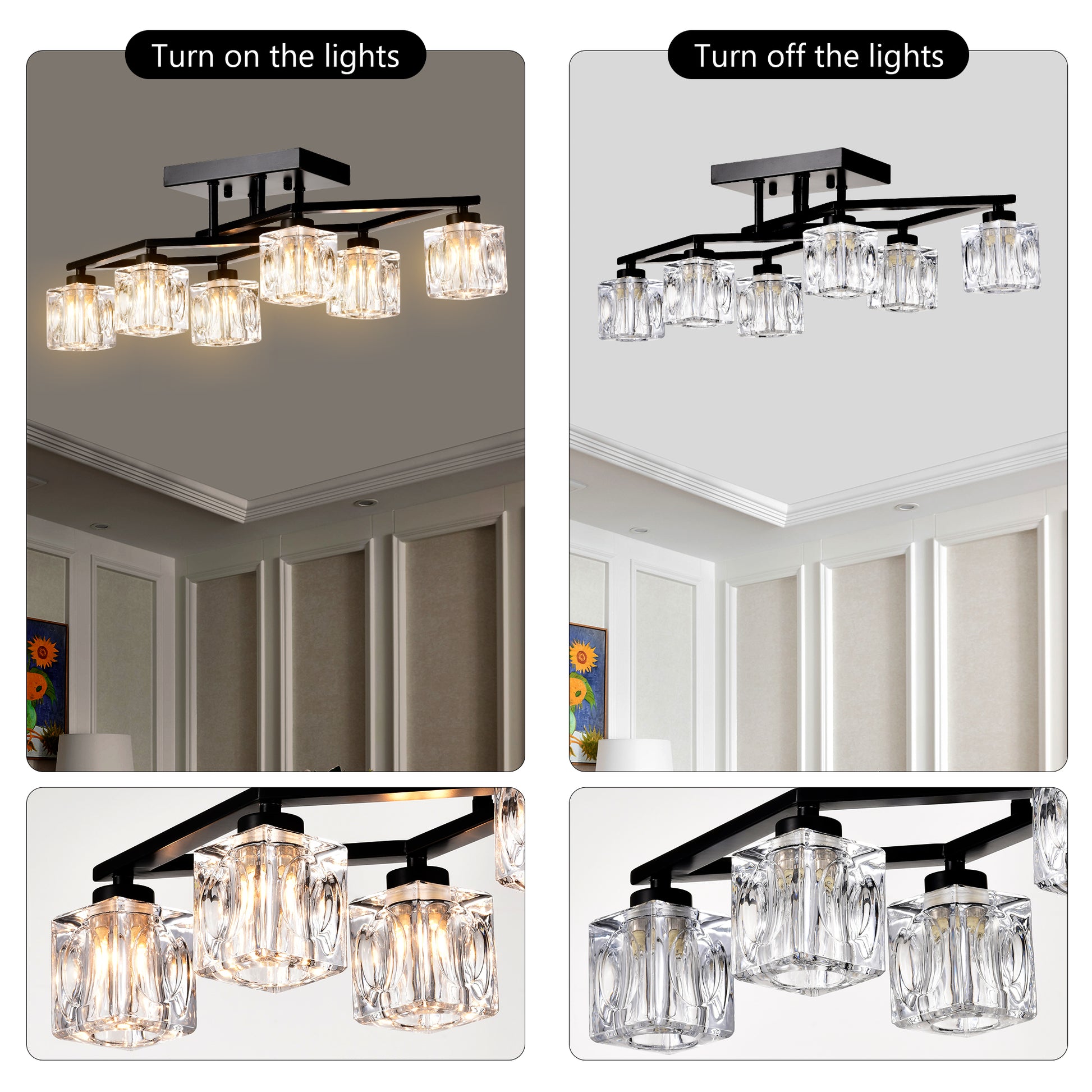 Modern black flush mount ceiling light with five square crystal glass shades illuminating a room