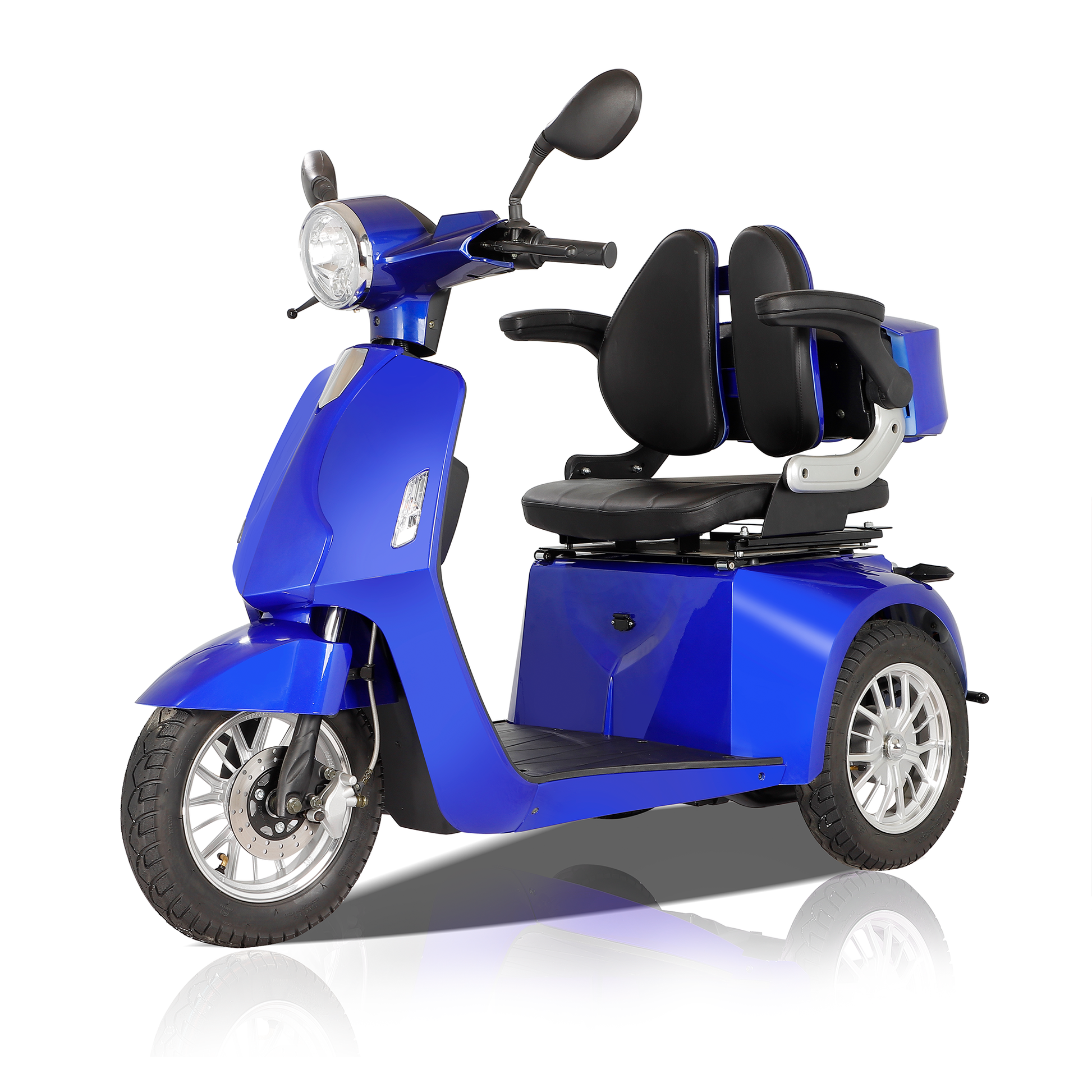 Threewheeled electric scooter in vibrant blue with dual black seats and silver accents
