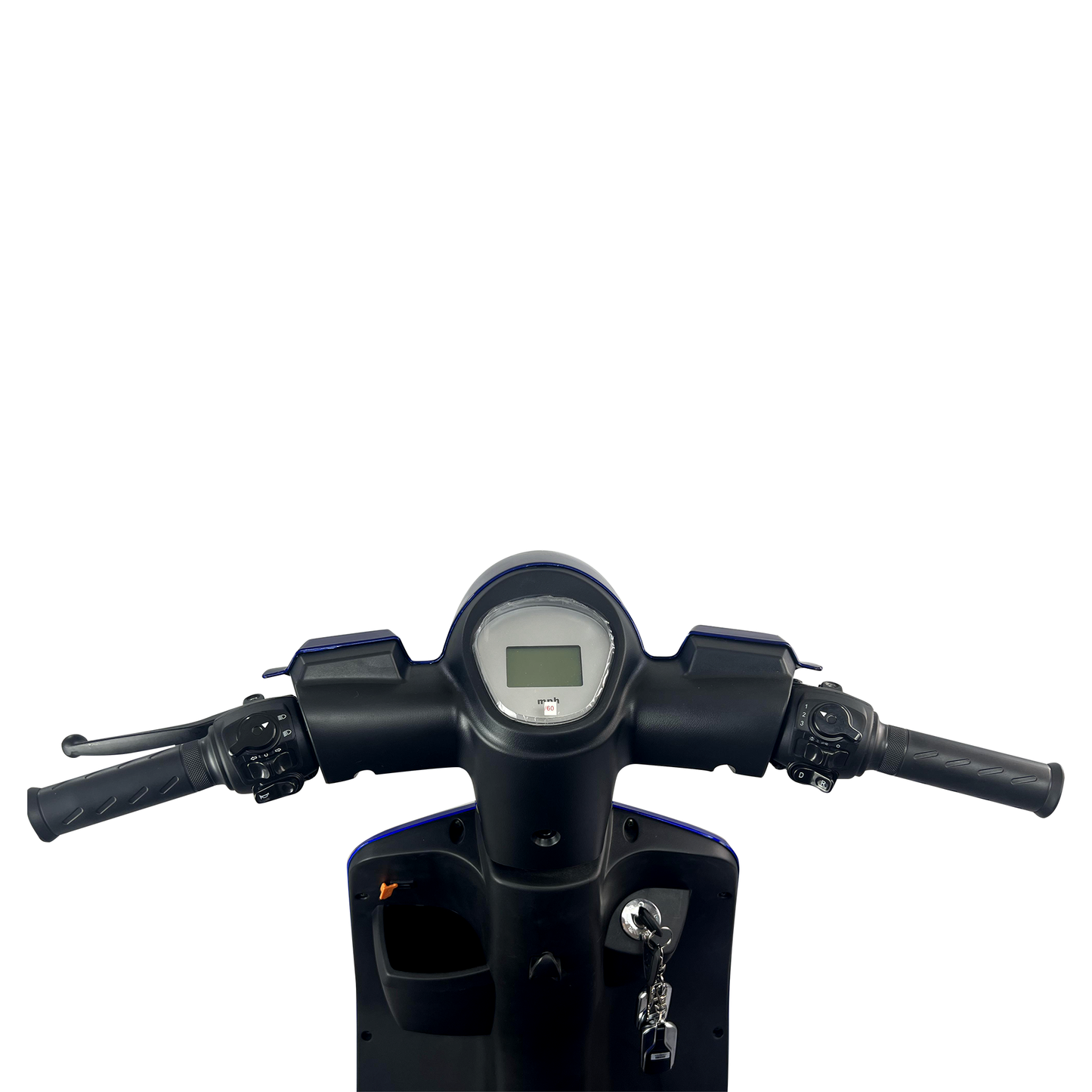 Blue electric scooter handlebars with digital display and key ignition
