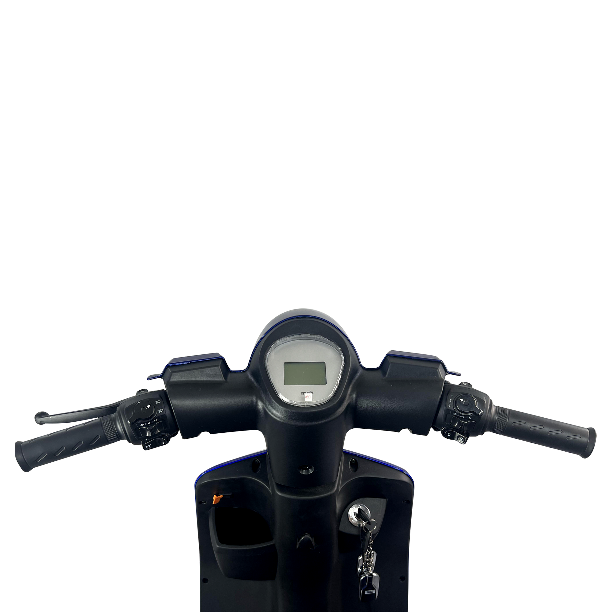 Blue electric scooter handlebars with digital display and key ignition
