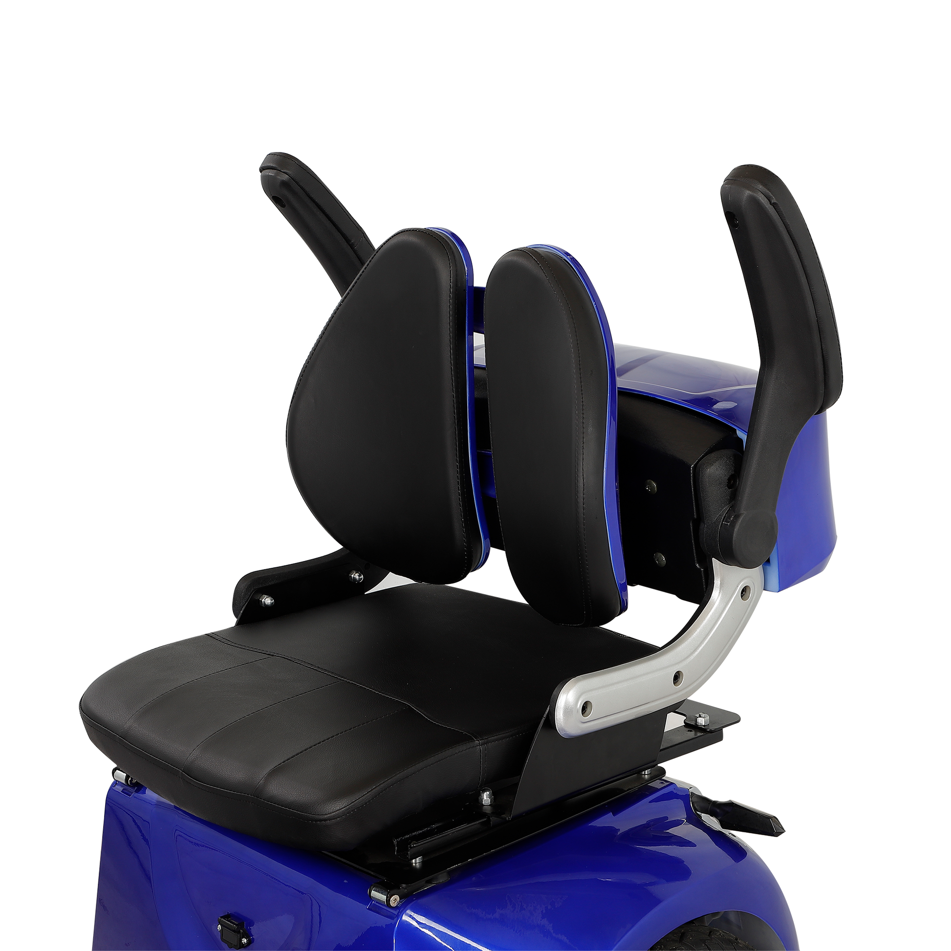 Closeup of blue electric scooter seat with black faux leather padding and armrests