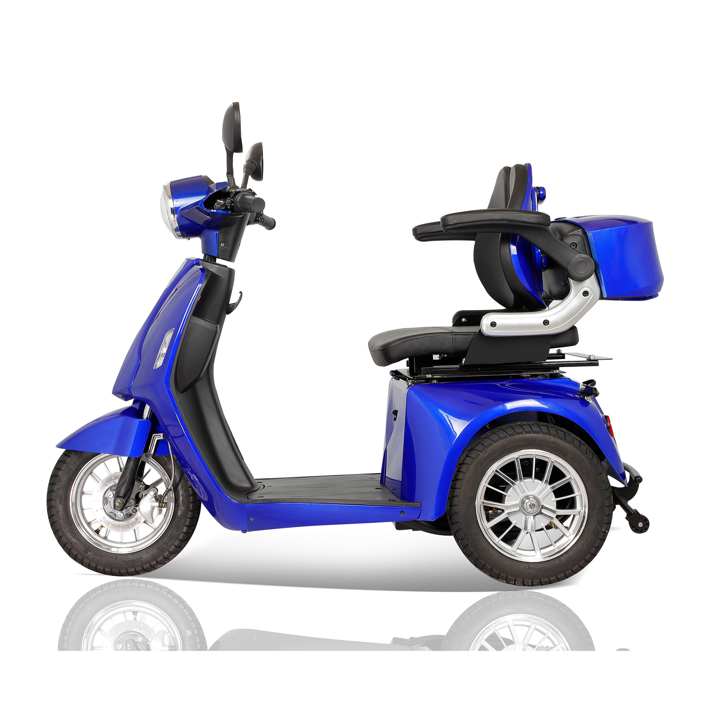 Blue threewheel mobility scooter with padded armrests and back support