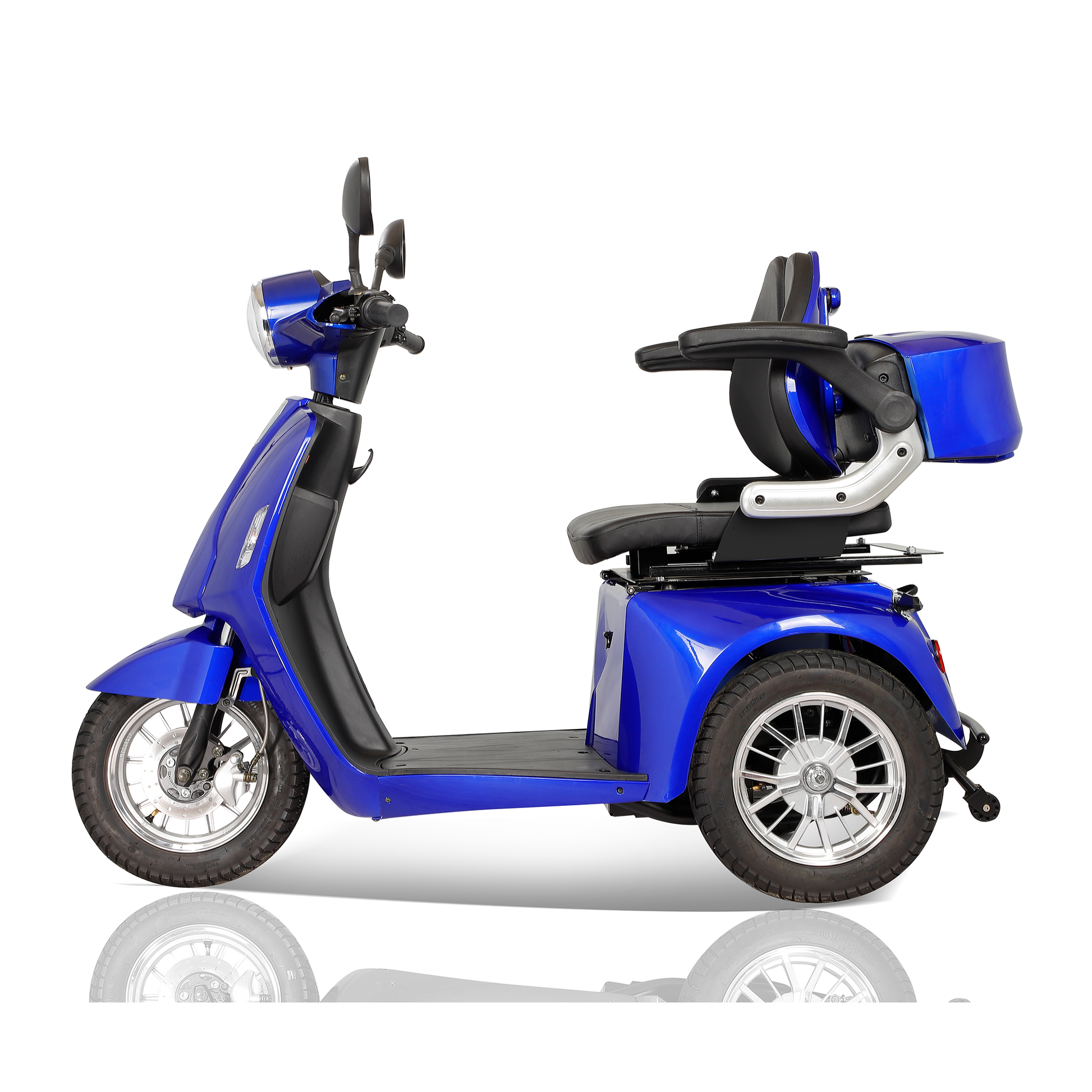Blue threewheel mobility scooter with padded armrests and back support