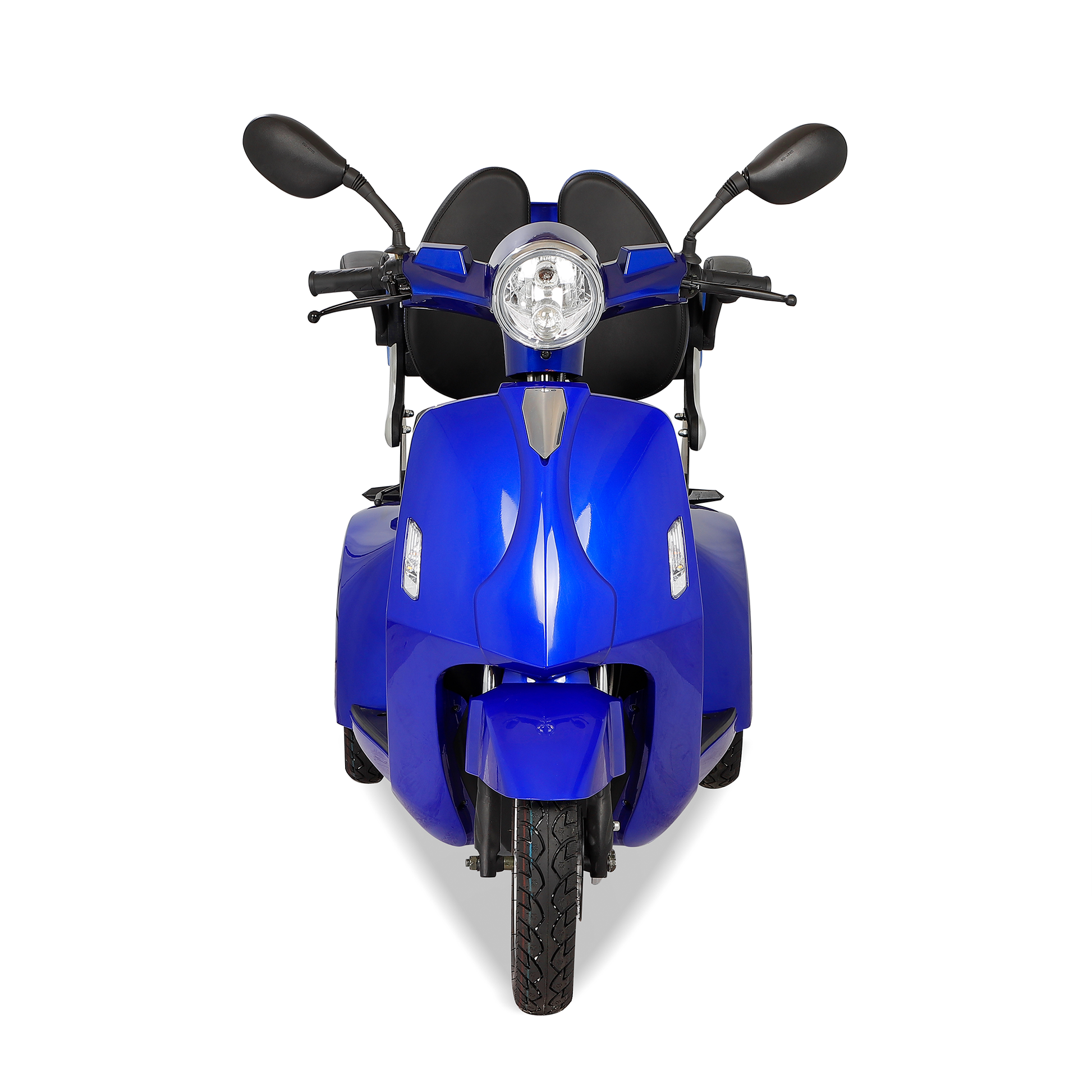 Front view of a bright blue electric scooter with dual black seats and chrome accents