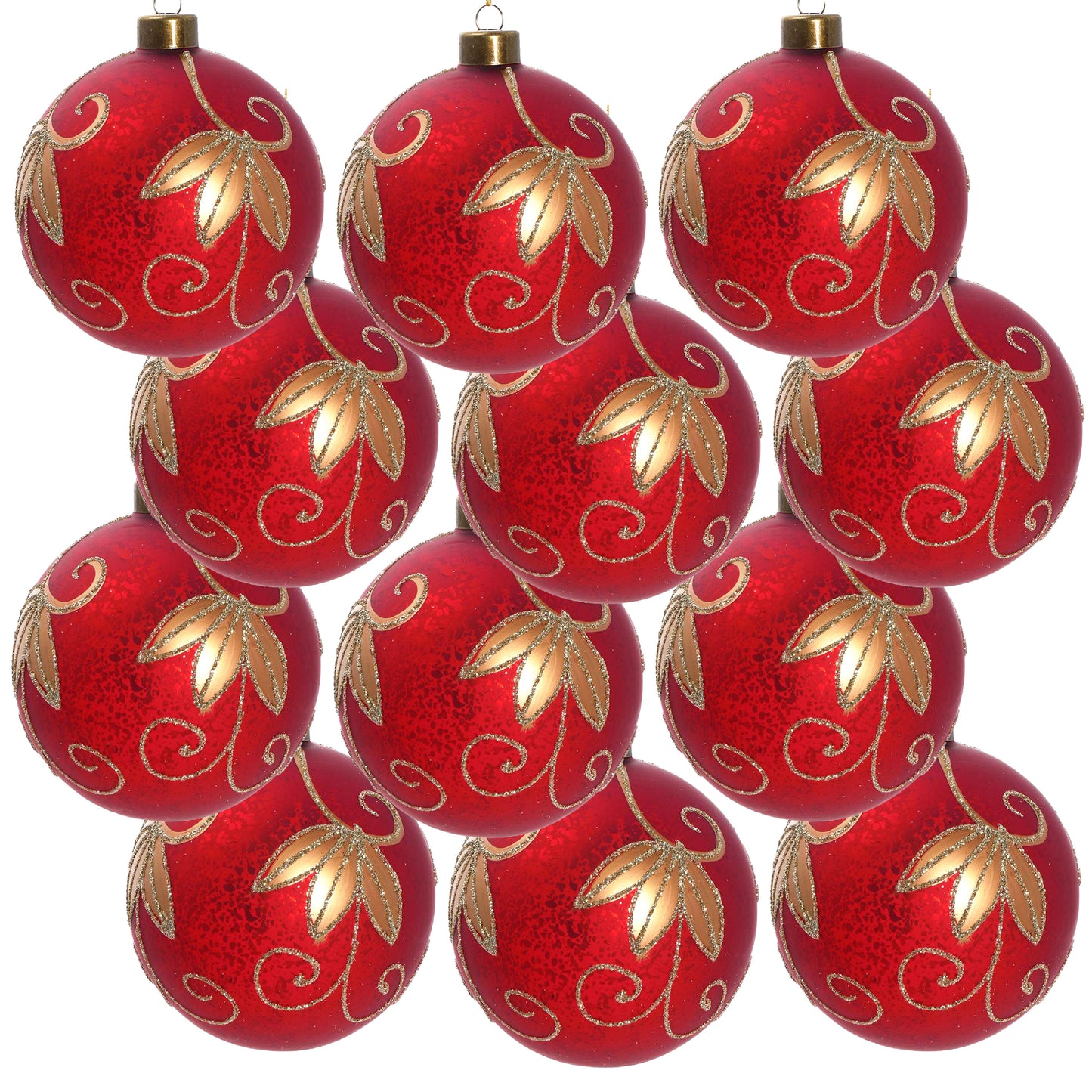 Red glass Christmas ornaments with gold leaf and swirl glitter design