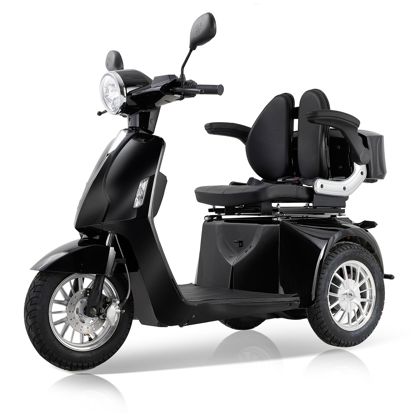 Sleek black mobility scooter with dual padded seats and armrests for comfortable travel