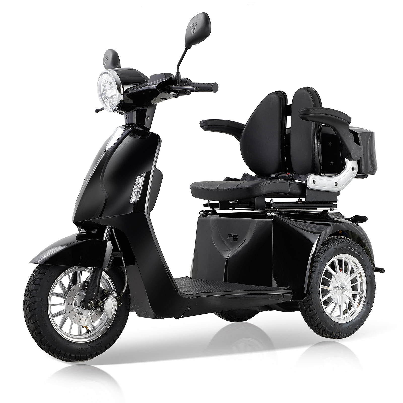 Sleek black mobility scooter with dual padded seats and armrests for comfortable travel