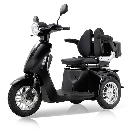 Sleek black mobility scooter with dual padded seats and armrests for comfortable travel