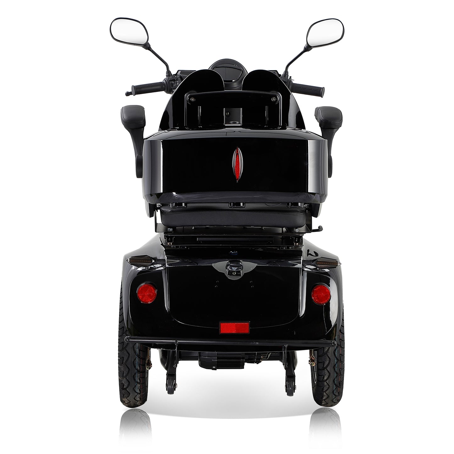 Rear view of a black mobility scooter with storage compartment and red taillights
