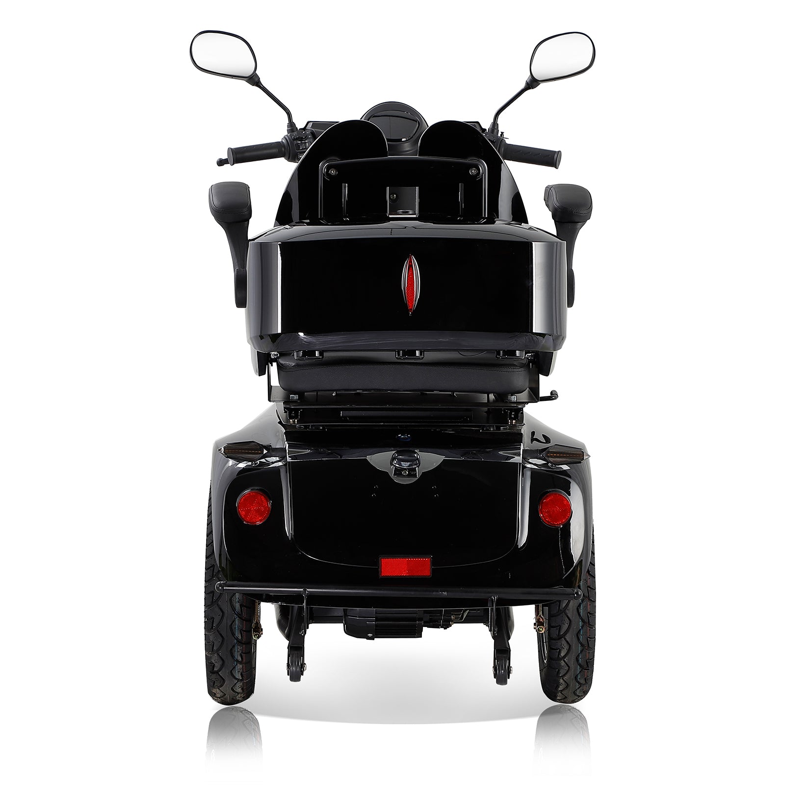 Rear view of a black mobility scooter with storage compartment and red taillights