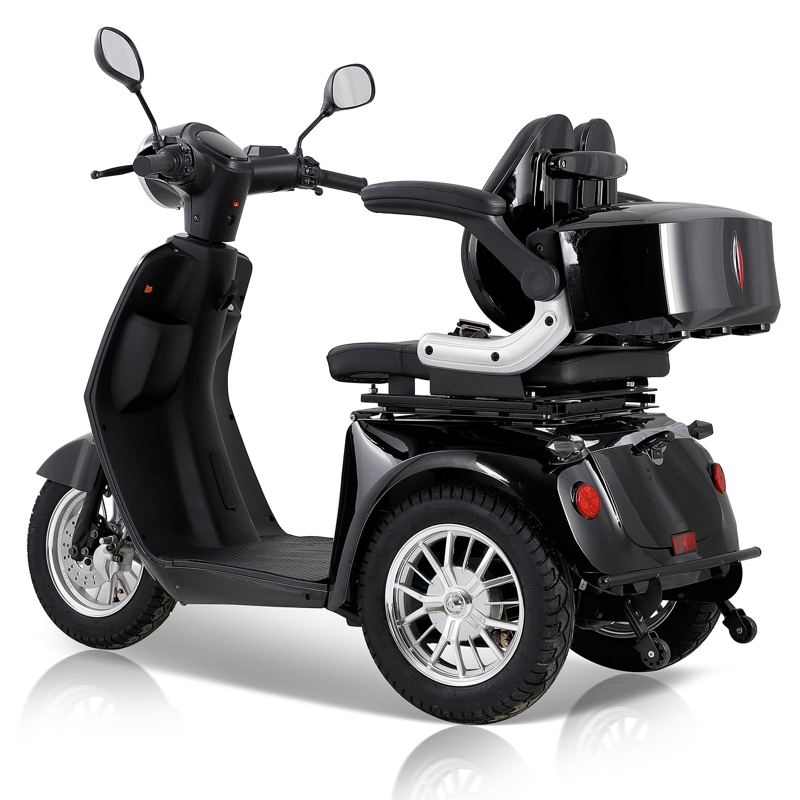 Black wheel mobility scooter with comfortable padded seat and storage compartment