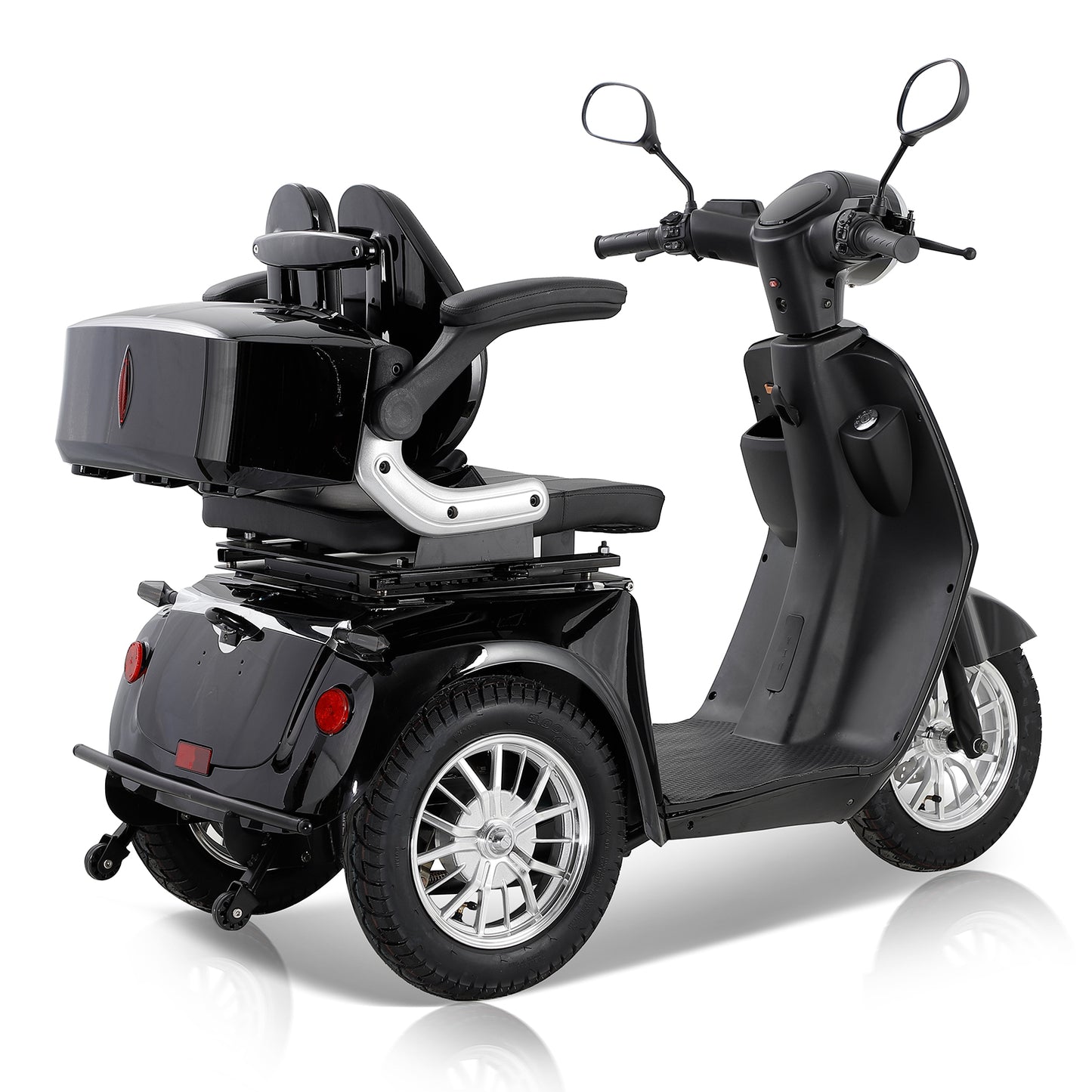 Sleek black wheel mobility scooter with padded armrests and storage trunk