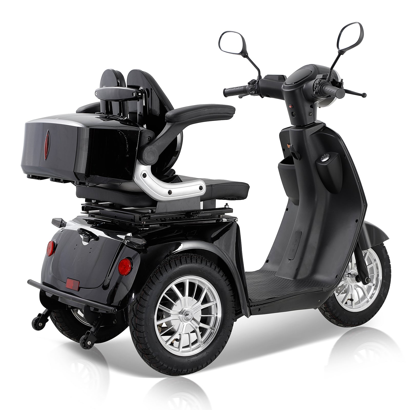 Sleek black wheel mobility scooter with padded armrests and storage trunk
