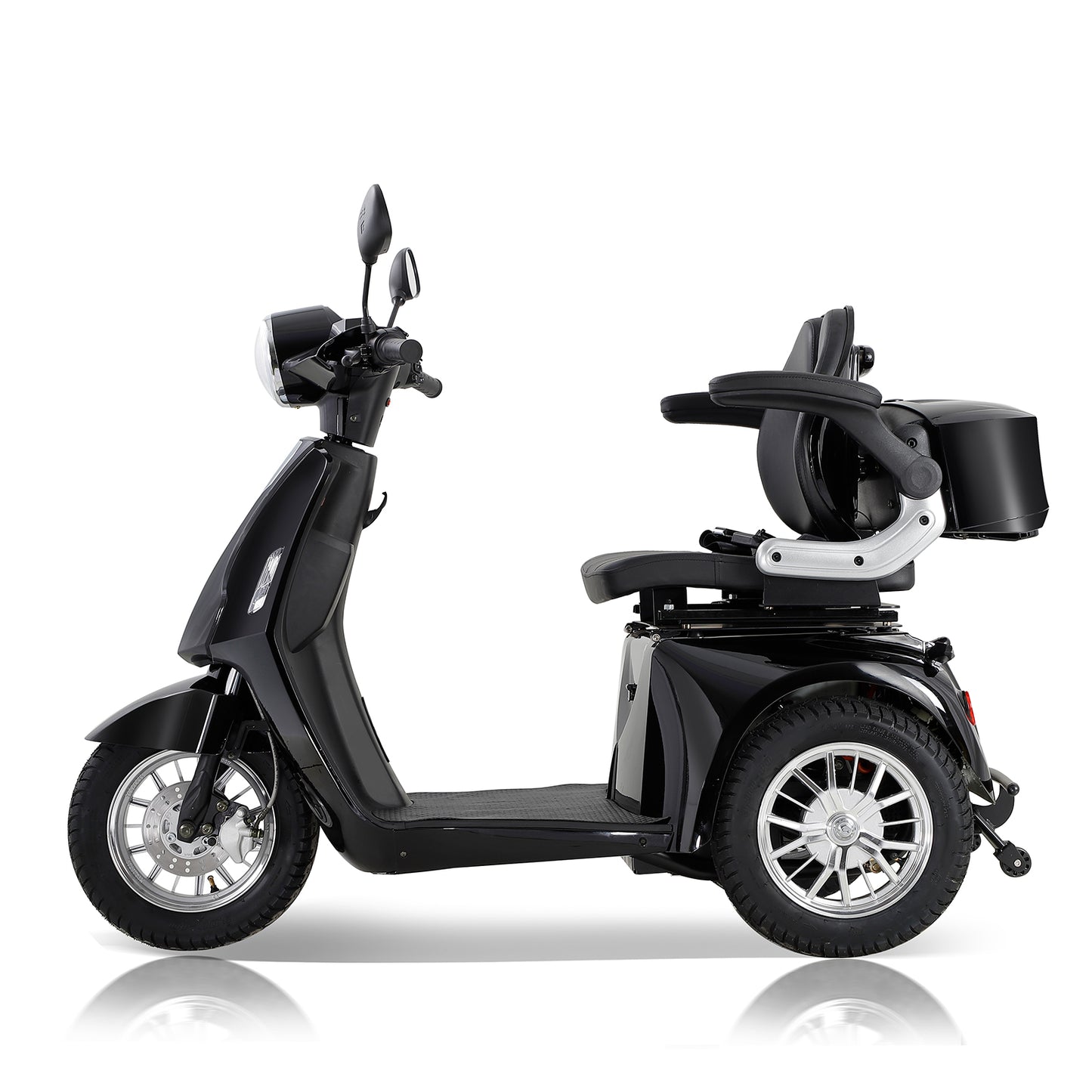 Black threewheel mobility scooter with adjustable armrests and a storage basket