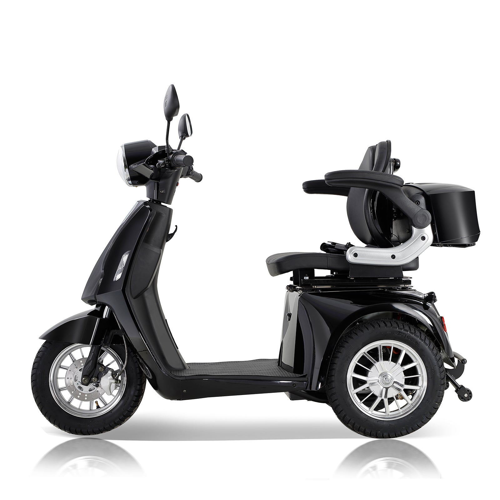 Black threewheel mobility scooter with adjustable armrests and a storage basket
