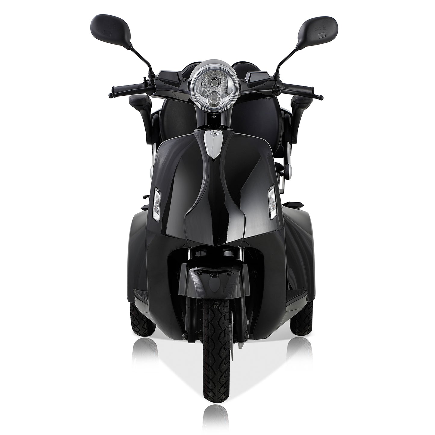 Front view of a sleek black mobility scooter with chrome accents and dual rear seats