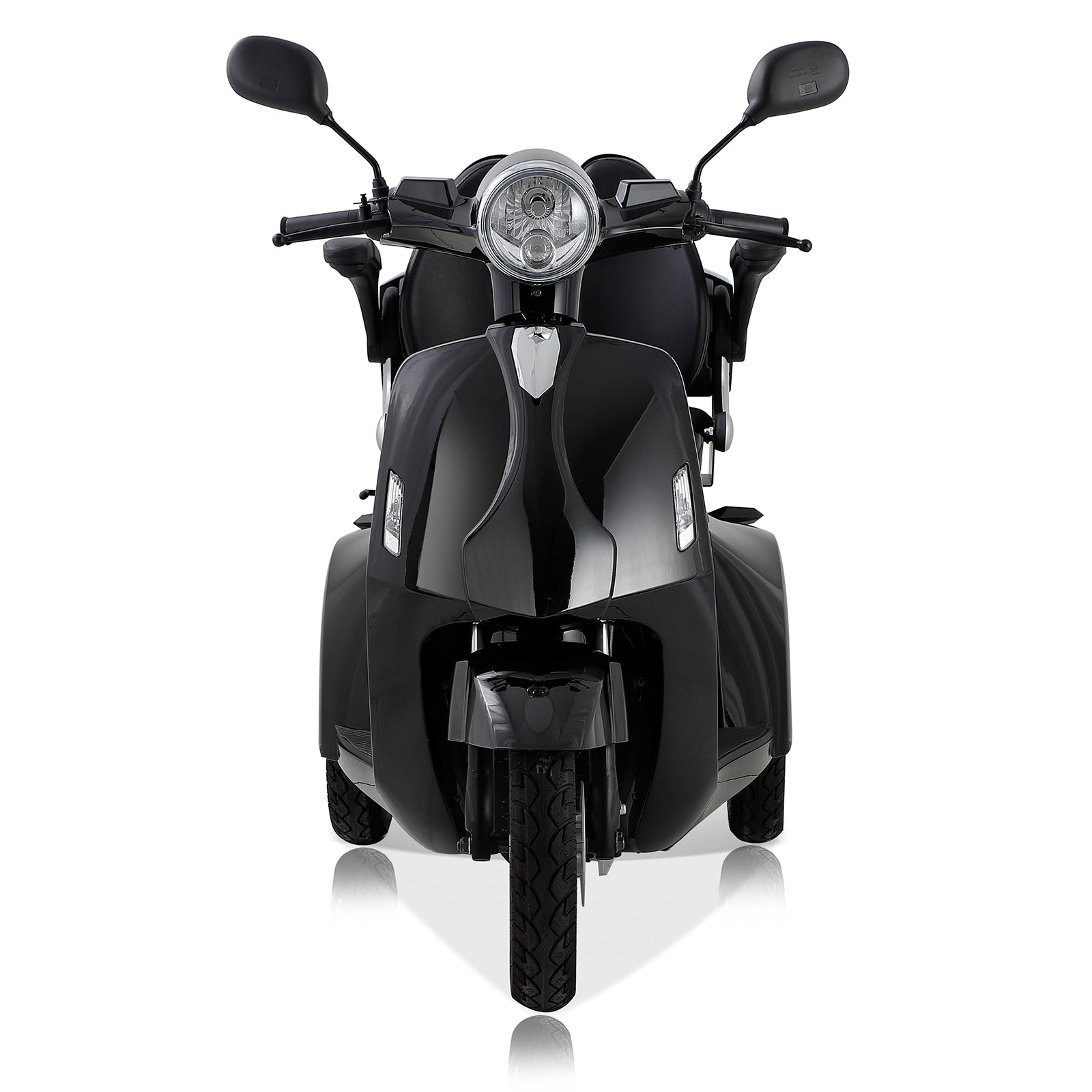 Front view of a sleek black mobility scooter with chrome accents and dual rear seats