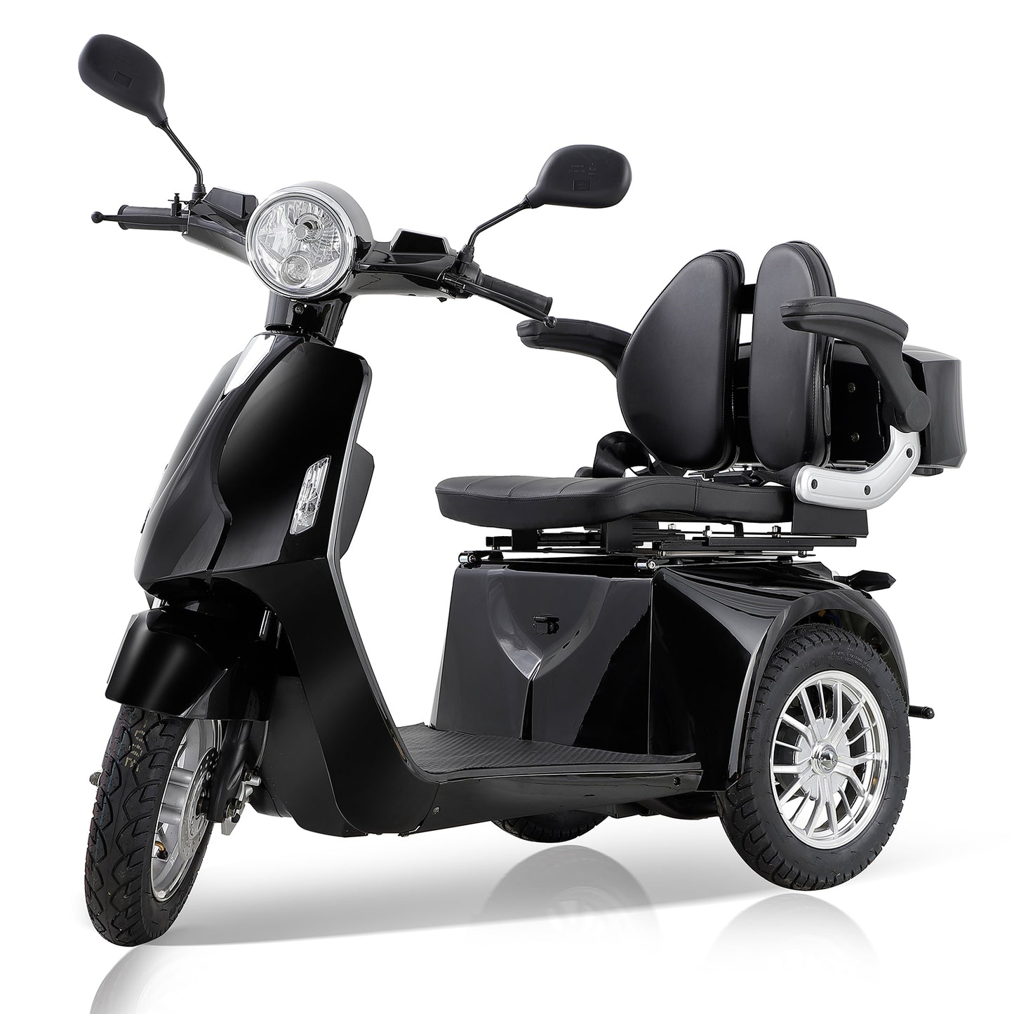 Sleek black mobility scooter with dual padded seats and armrests for comfortable tandem rides