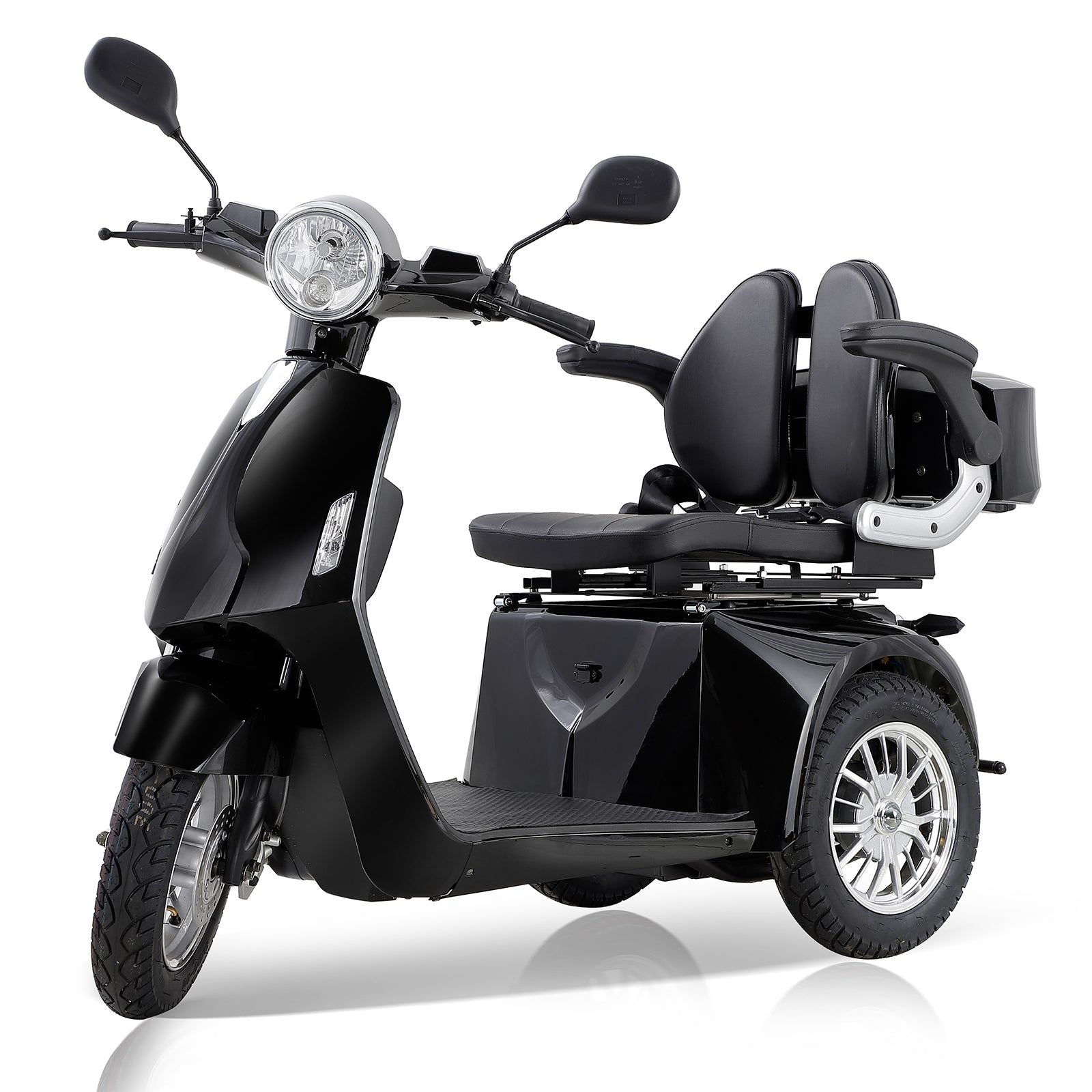 Sleek black mobility scooter with dual padded seats and armrests for comfortable tandem rides
