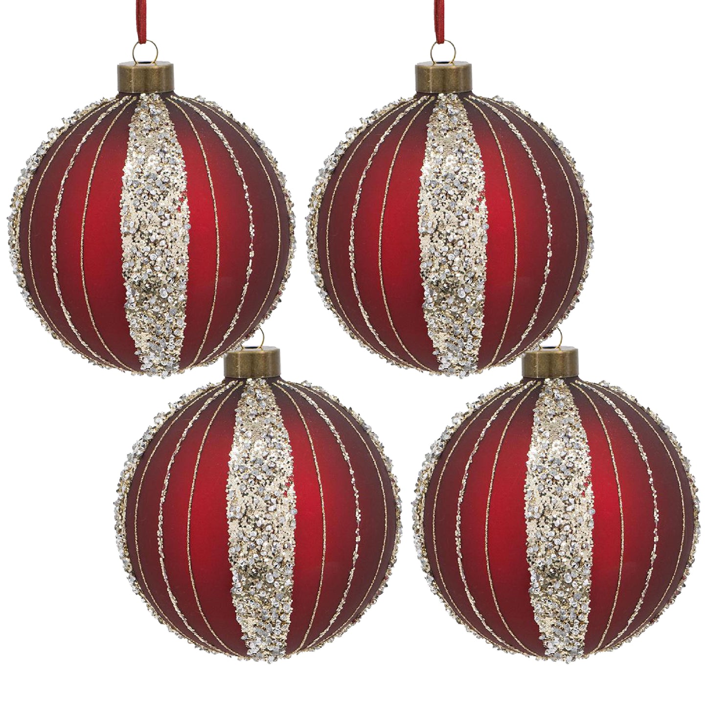 Four red glass Christmas ornaments with gold trim and sparkling accents
