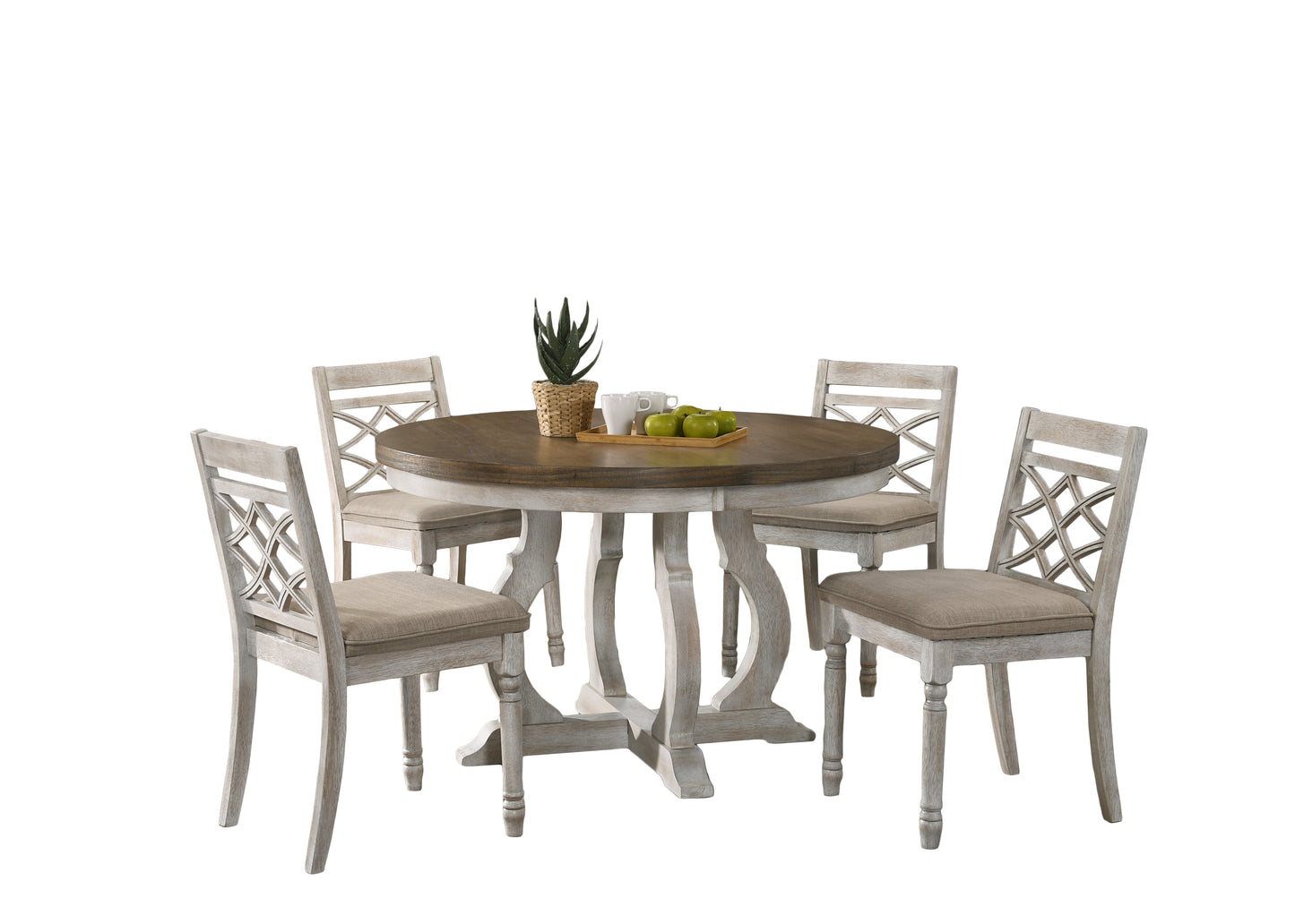 Round wood dining table with four distressed white chairs featuring crisscross back design