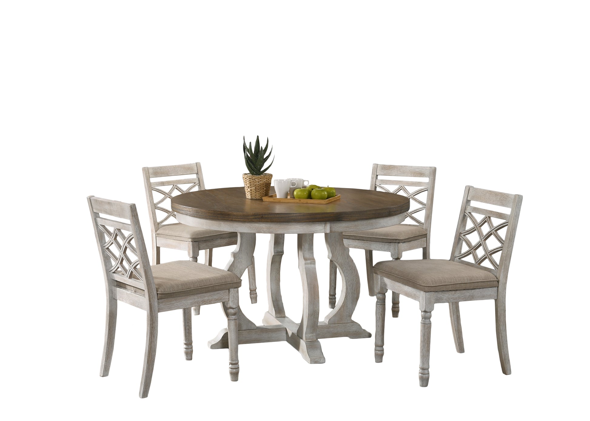 Round wood dining table with four distressed white chairs featuring crisscross back design