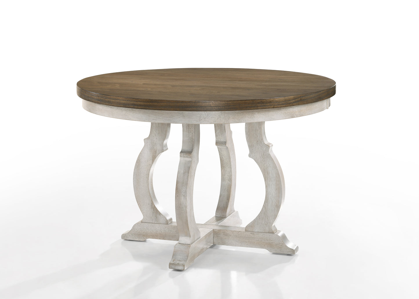 Round distressed wood dining table with white pedestal base