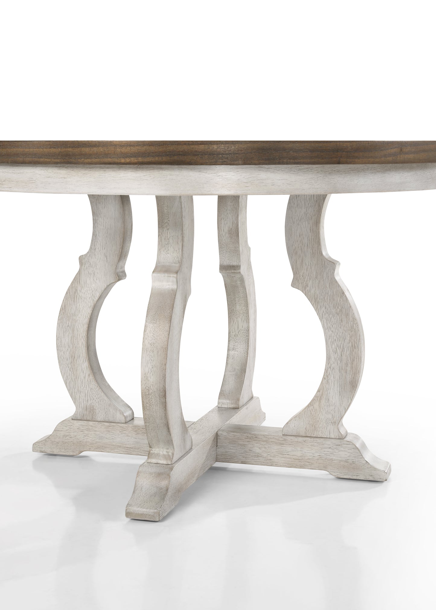 Rustic farmhouse dining table with distressed white wood pedestal base and natural wood top