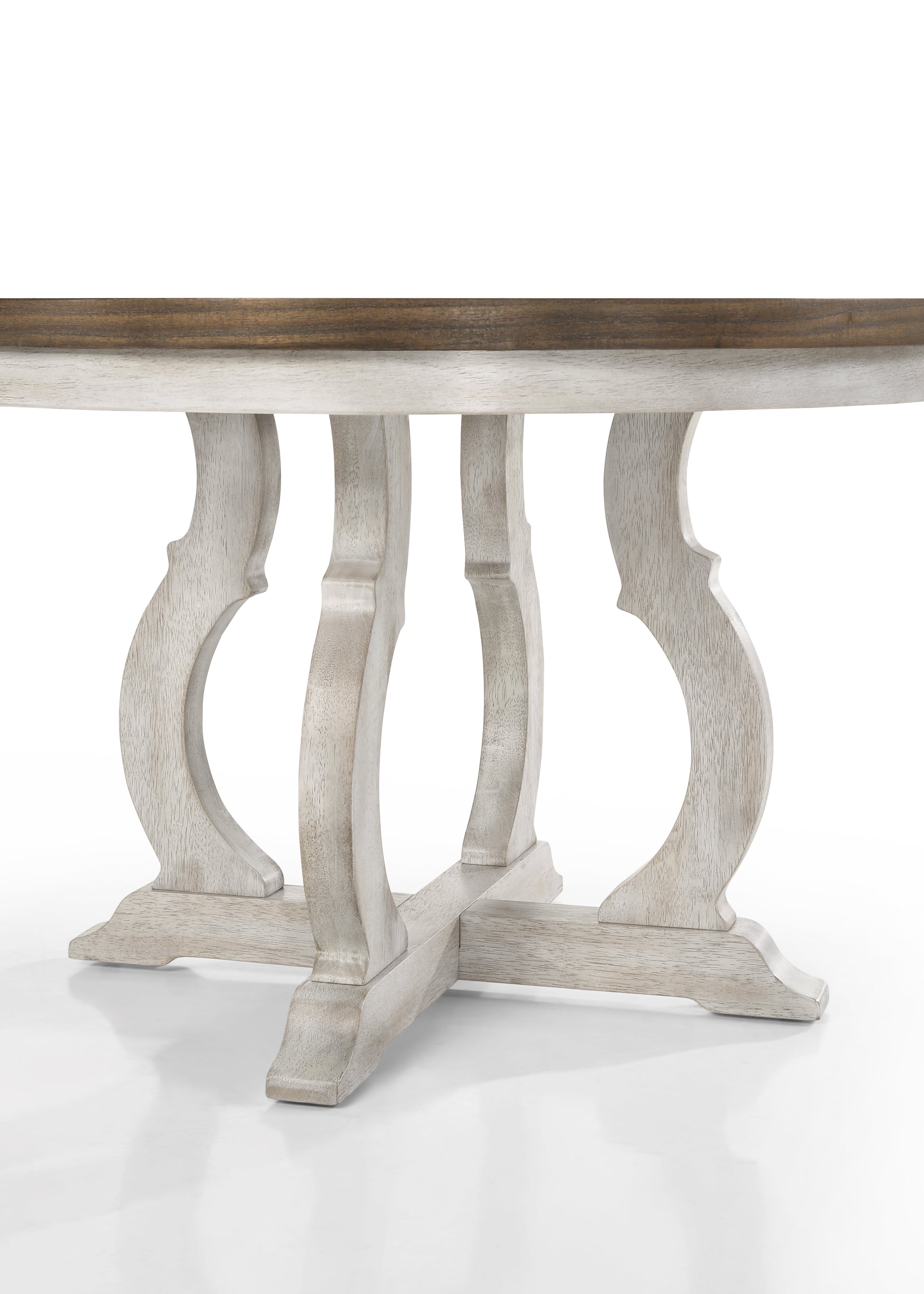 Rustic farmhouse dining table with distressed white wood pedestal base and natural wood top