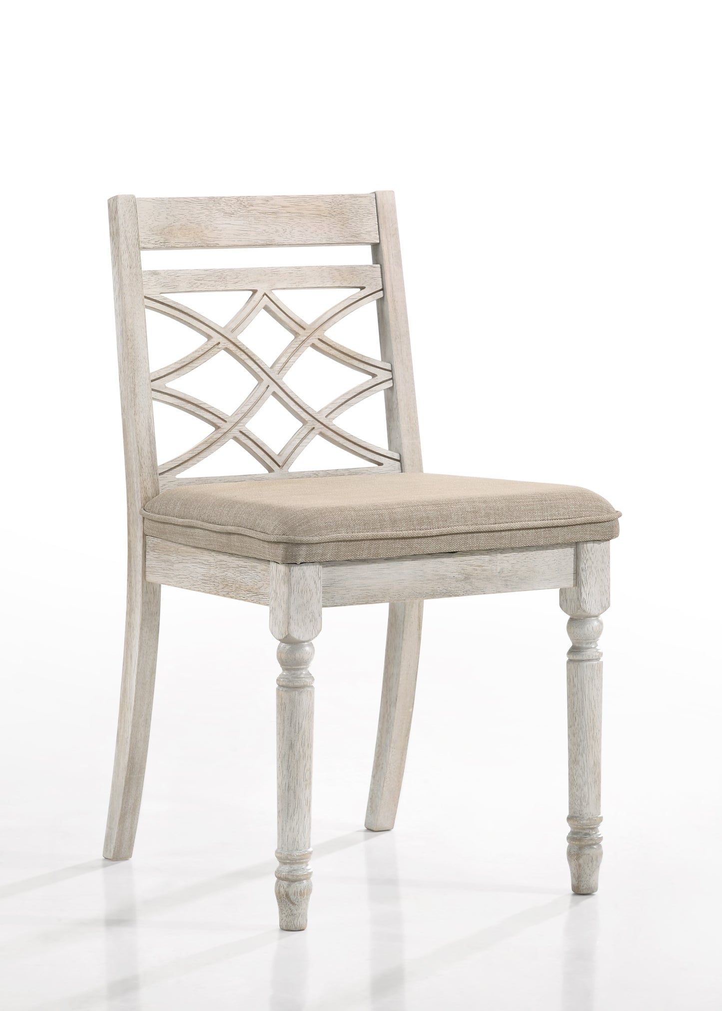 Distressed white wood dining chair with linen upholstered seat and openwork back