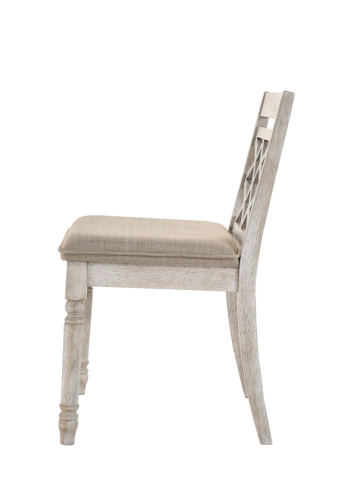 Rustic distressed wood dining chair with beige upholstered seat and crisscross back detail